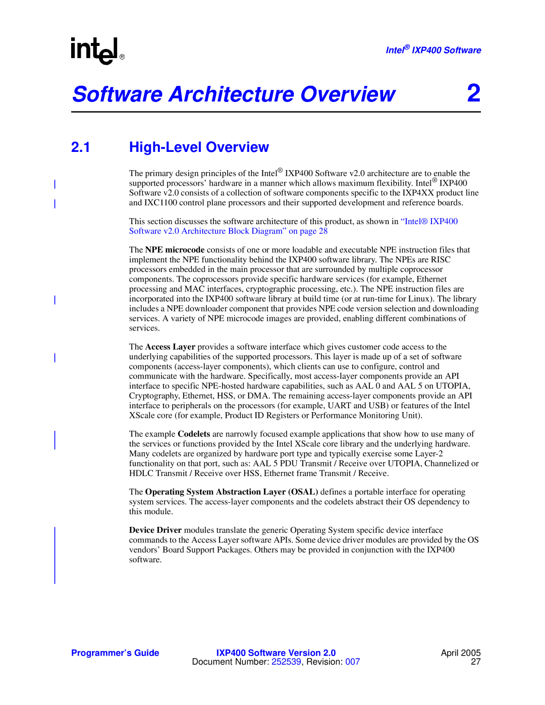 Intel IXP400 manual Software Architecture Overview, High-Level Overview 