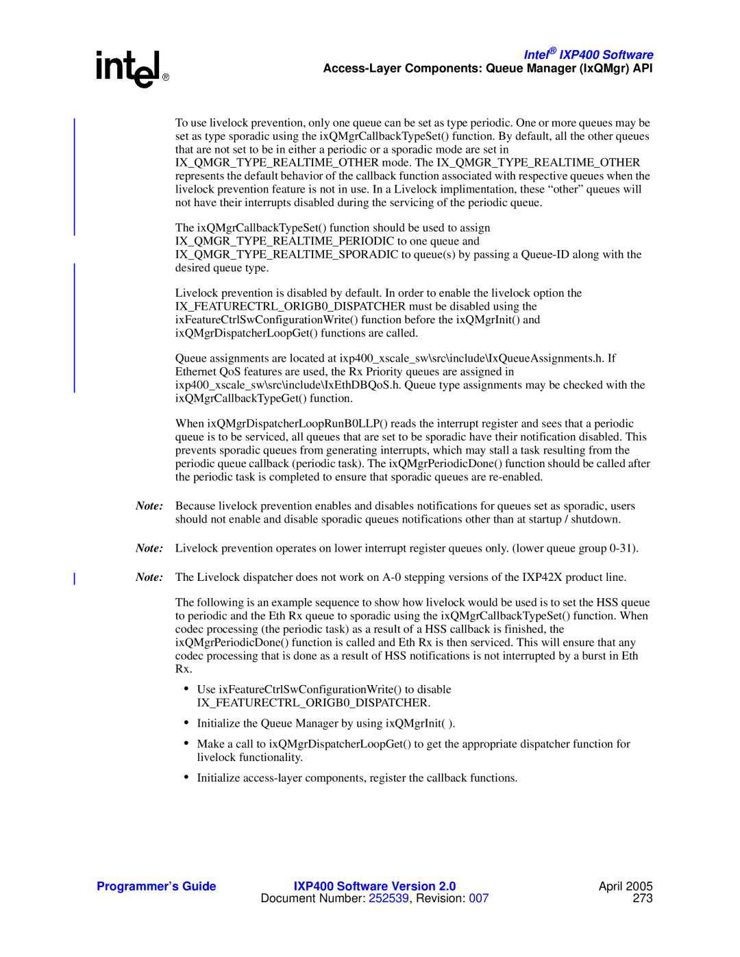 Intel IXP400 manual Document Number 252539, Revision 273 