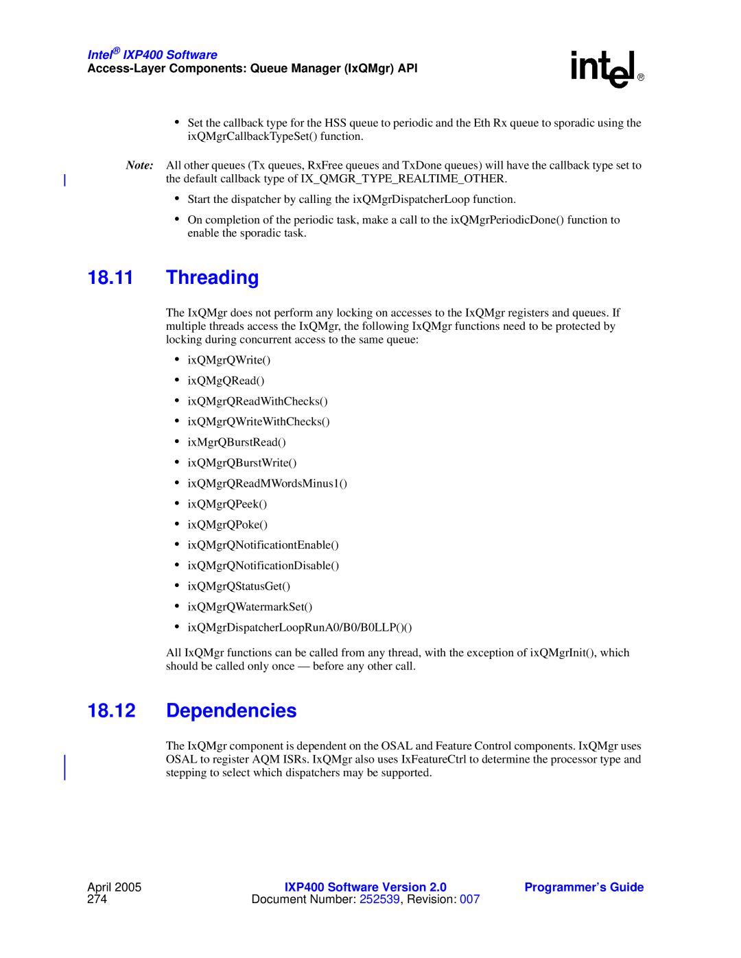 Intel IXP400 manual Document Number 252539, Revision 