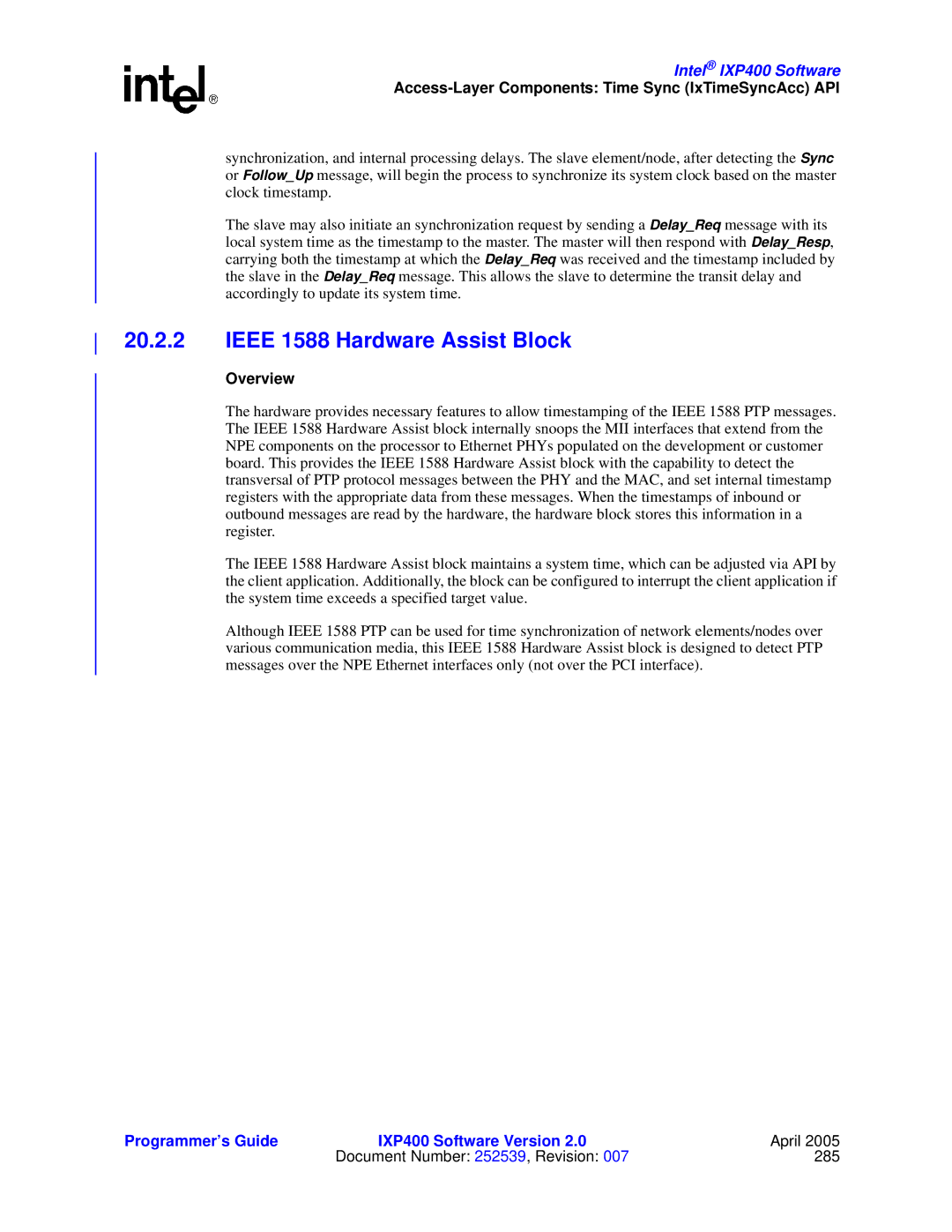 Intel IXP400 manual Ieee 1588 Hardware Assist Block, Overview 