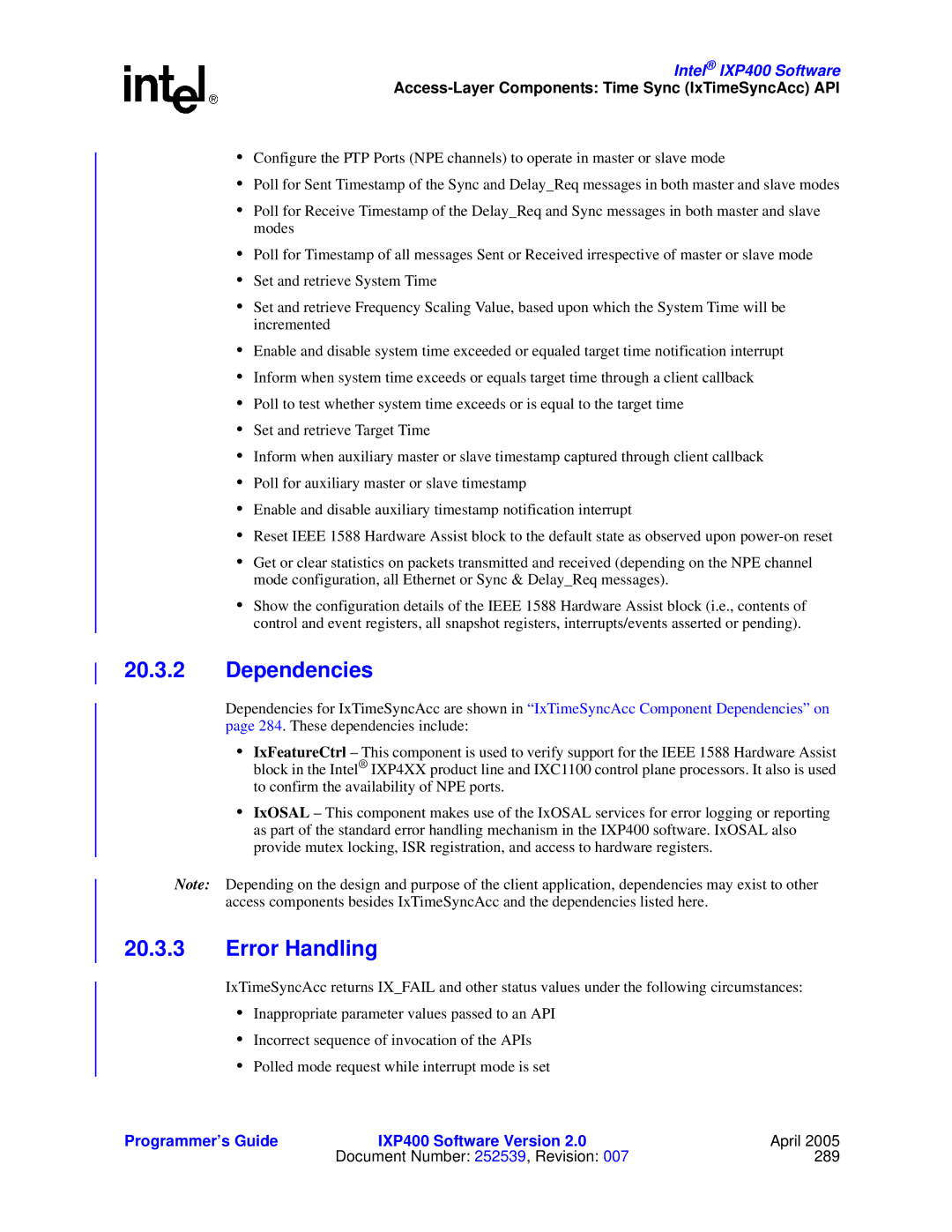 Intel IXP400 manual Document Number 252539, Revision 289 