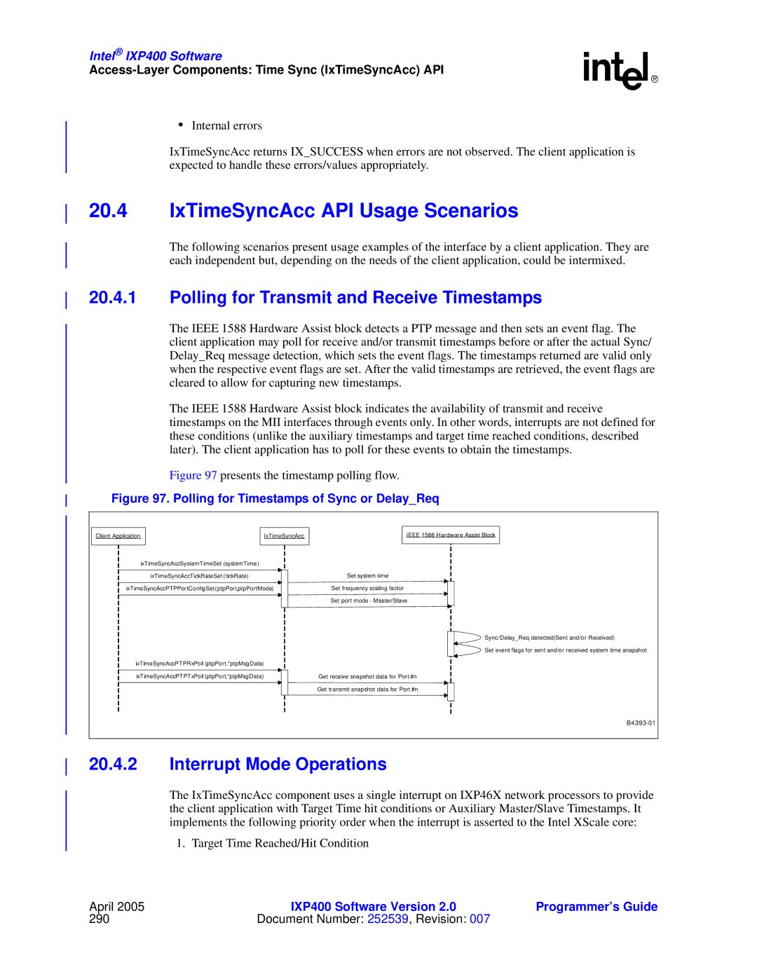 Intel IXP400 IxTimeSyncAcc API Usage Scenarios, Polling for Transmit and Receive Timestamps, Interrupt Mode Operations 