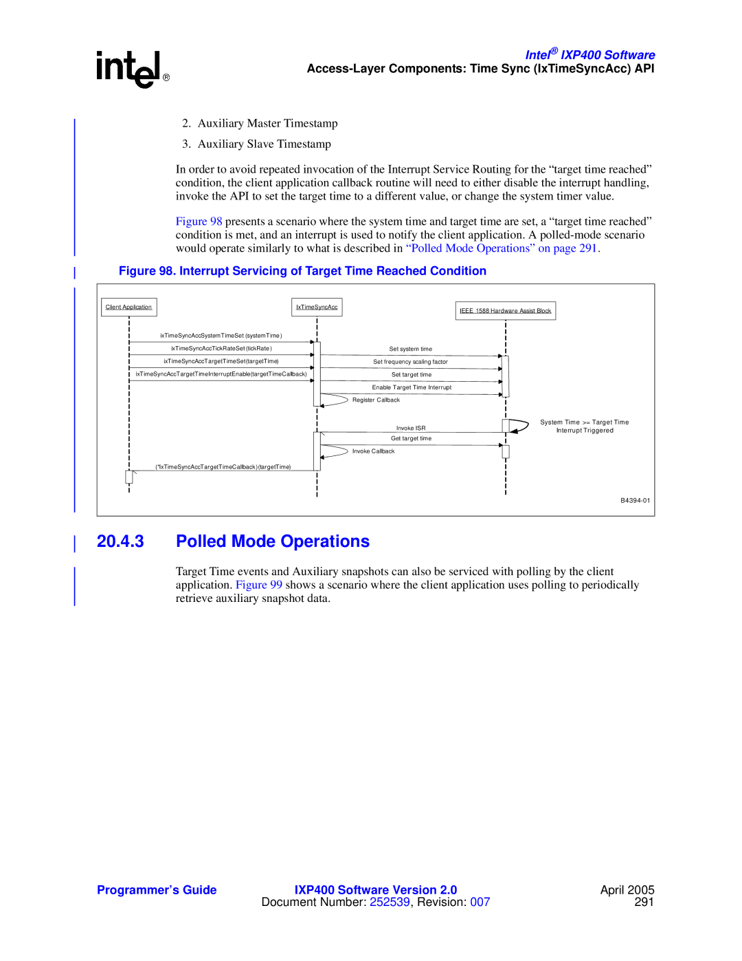 Intel IXP400 manual Polled Mode Operations, Interrupt Servicing of Target Time Reached Condition 