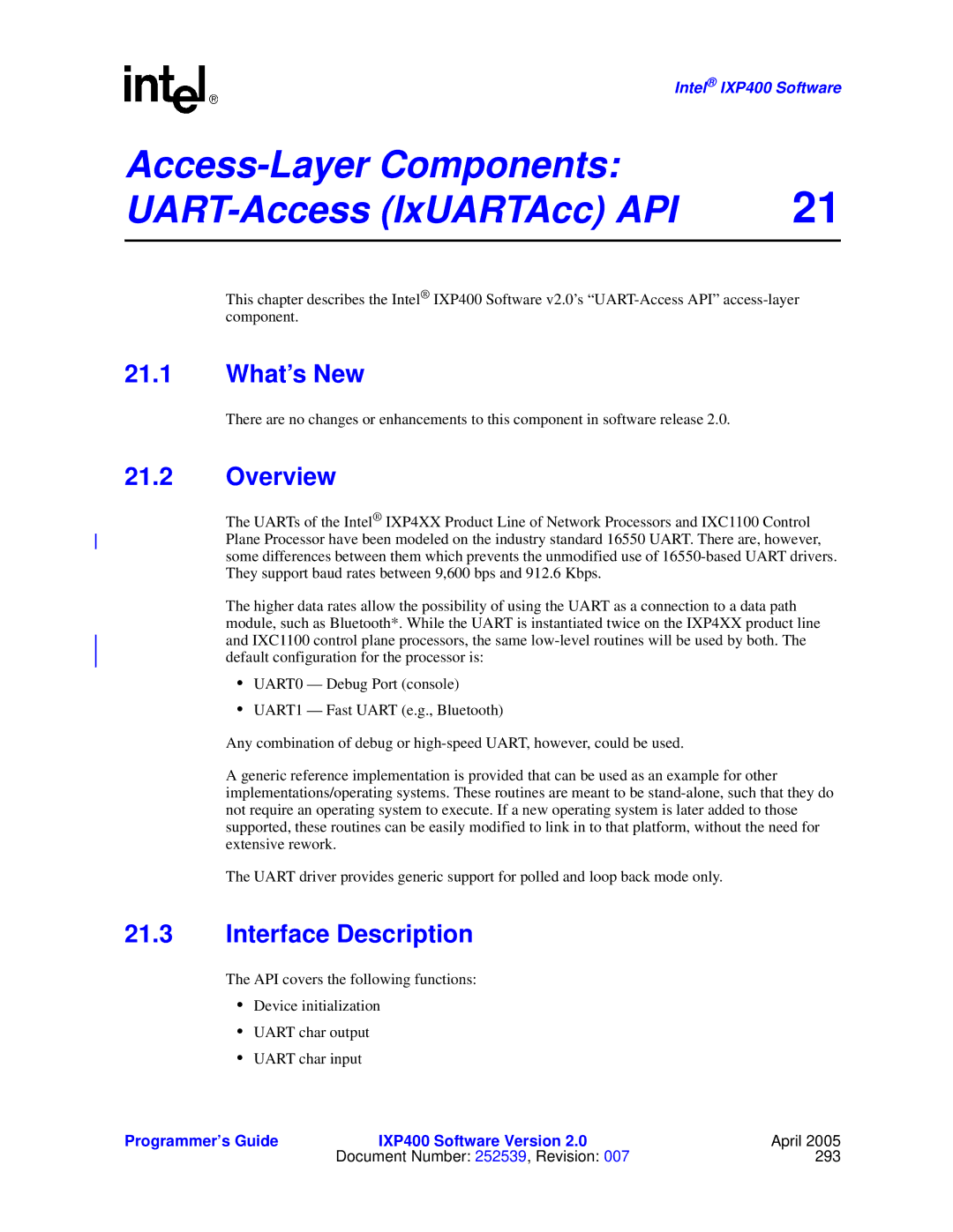 Intel IXP400 manual Access-Layer Components UART-Access IxUARTAcc API, Interface Description 