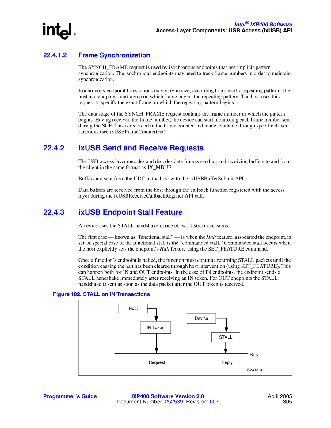 Intel IXP400 manual IxUSB Send and Receive Requests, IxUSB Endpoint Stall Feature, Frame Synchronization 