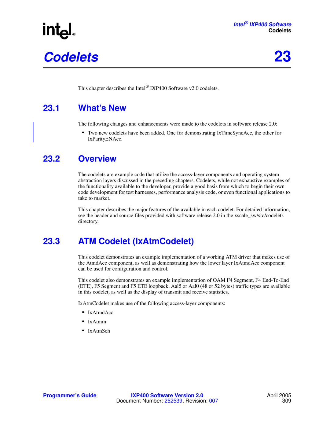 Intel IXP400 manual Codelets, ATM Codelet IxAtmCodelet 