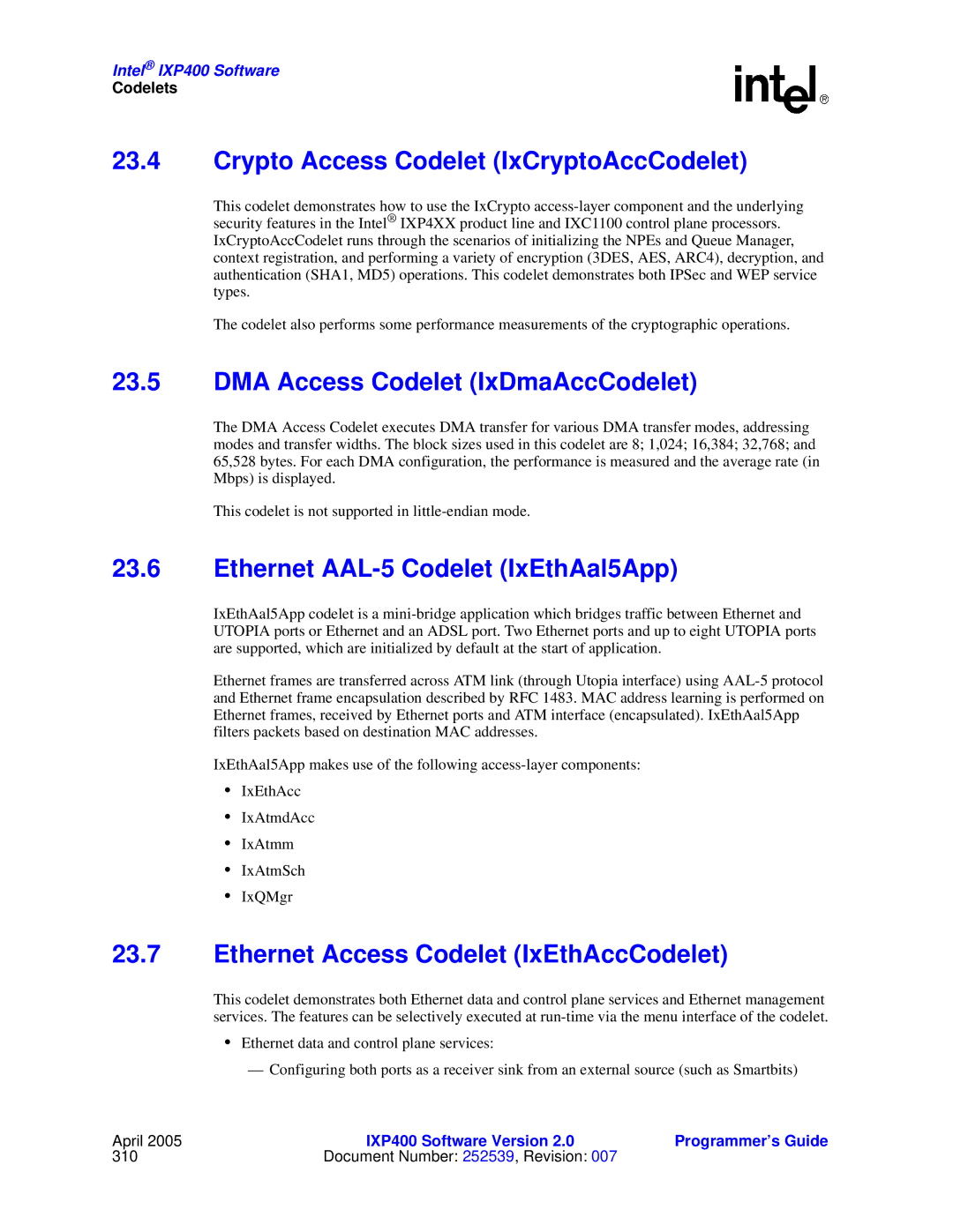 Intel IXP400 manual Crypto Access Codelet IxCryptoAccCodelet, DMA Access Codelet IxDmaAccCodelet 