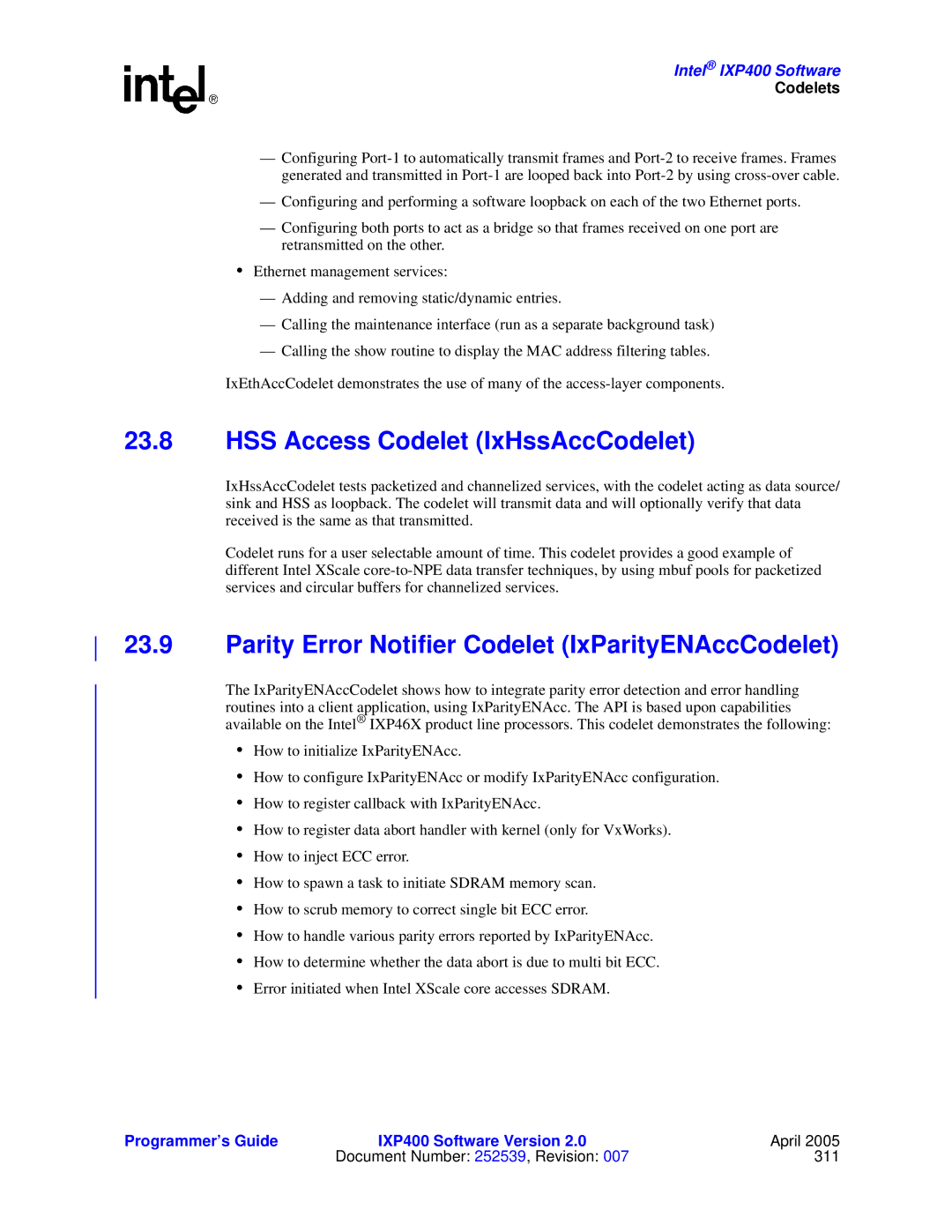 Intel IXP400 manual HSS Access Codelet IxHssAccCodelet, Parity Error Notifier Codelet IxParityENAccCodelet 