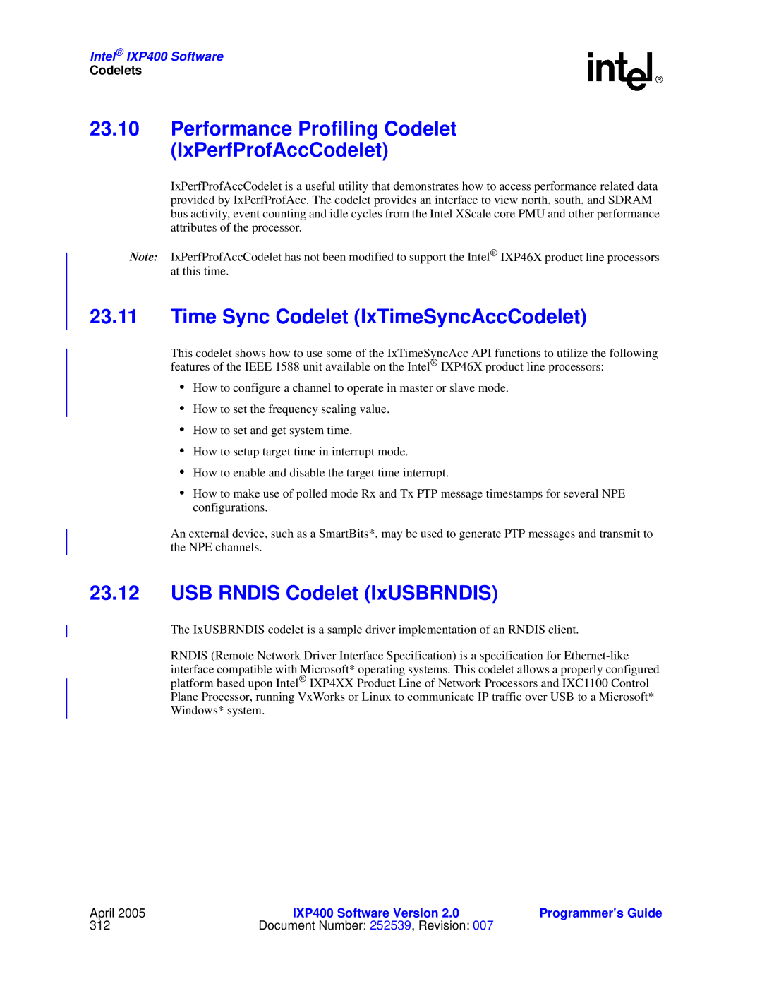 Intel IXP400 manual Performance Profiling Codelet IxPerfProfAccCodelet, Time Sync Codelet IxTimeSyncAccCodelet 