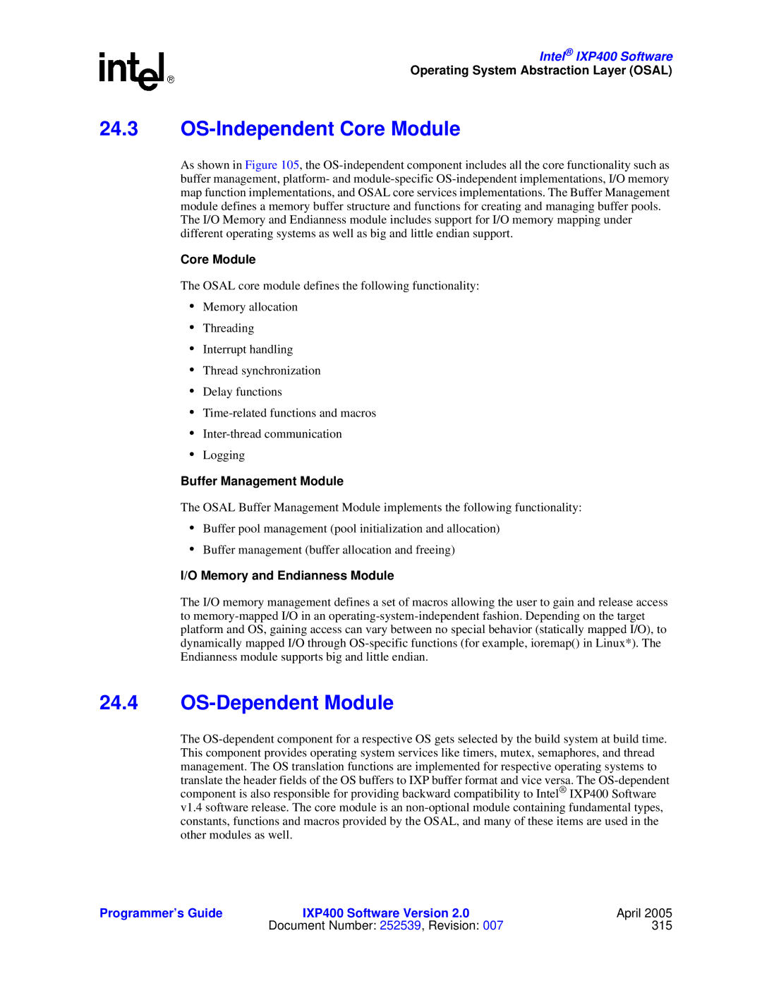 Intel IXP400 manual OS-Independent Core Module, OS-Dependent Module, Buffer Management Module, Memory and Endianness Module 