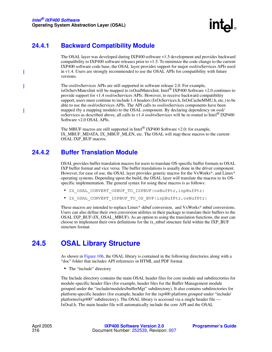 Intel IXP400 manual Osal Library Structure, Backward Compatibility Module, Buffer Translation Module 