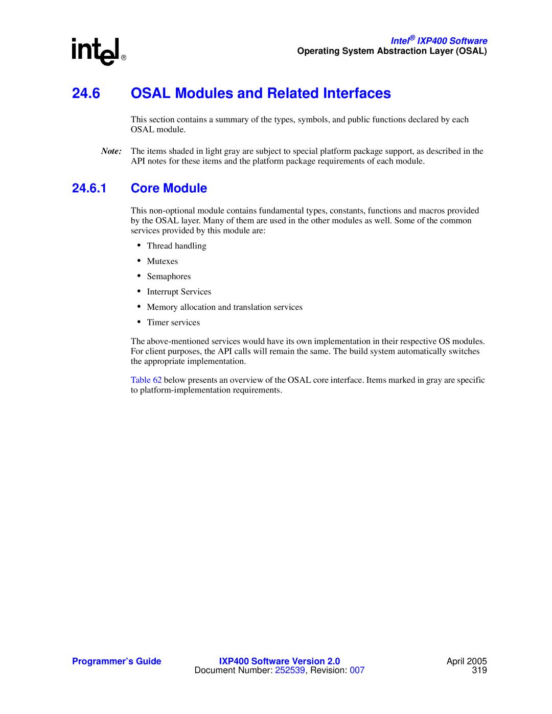 Intel IXP400 manual Osal Modules and Related Interfaces, Core Module 