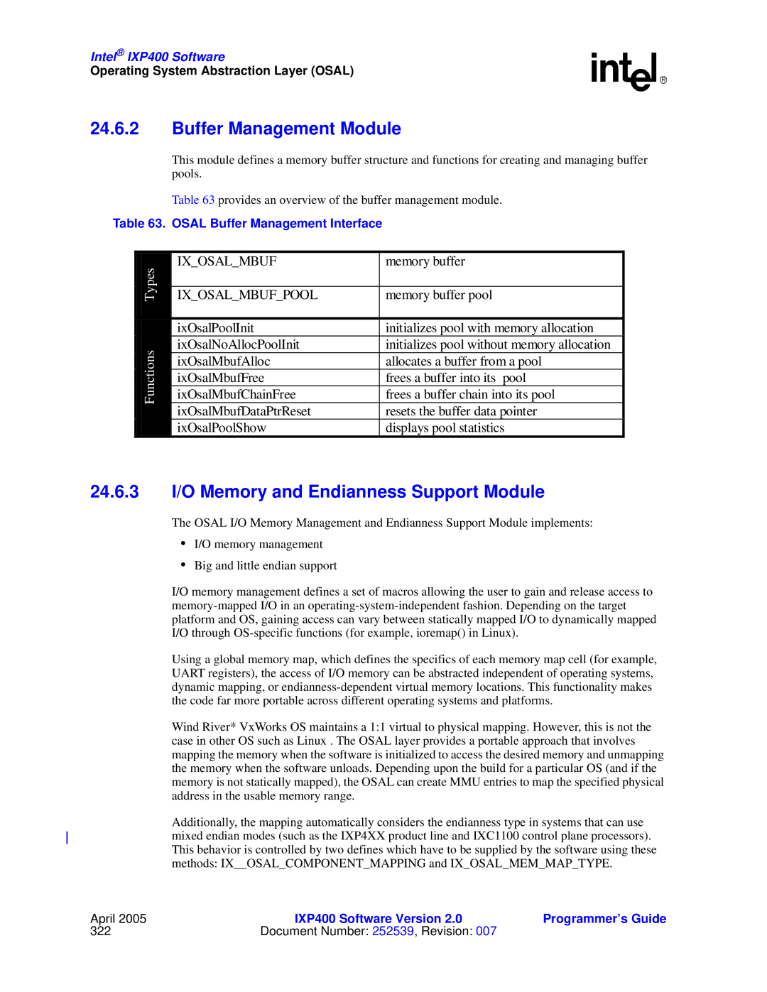 Intel IXP400 Buffer Management Module, 24.6.3 I/O Memory and Endianness Support Module, Osal Buffer Management Interface 