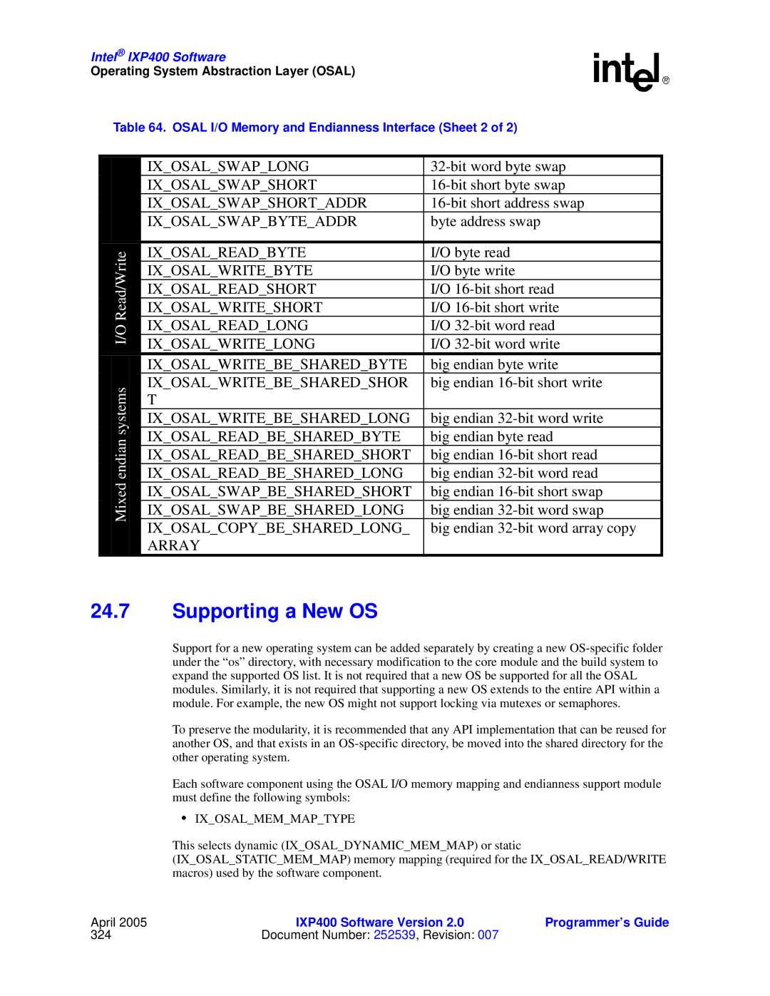 Intel IXP400 manual Supporting a New OS, Osal I/O Memory and Endianness Interface Sheet 2 