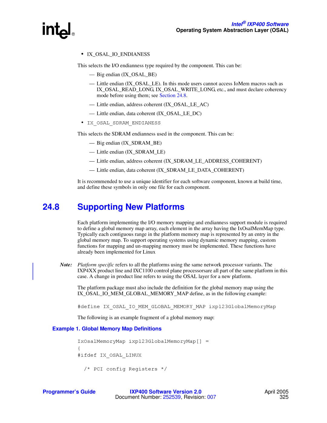 Intel IXP400 manual Supporting New Platforms, Example 1. Global Memory Map Definitions 