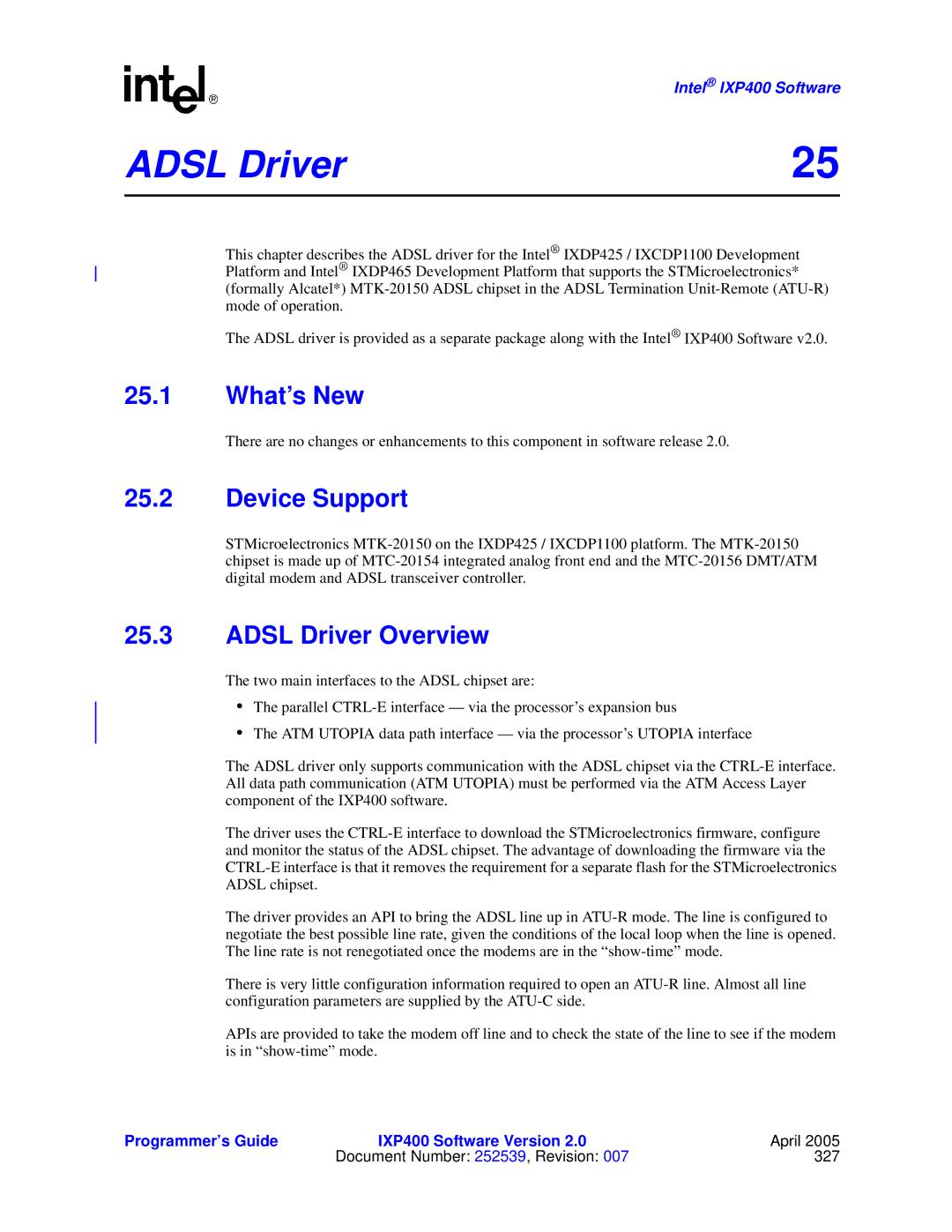 Intel IXP400 manual Device Support, Adsl Driver Overview 