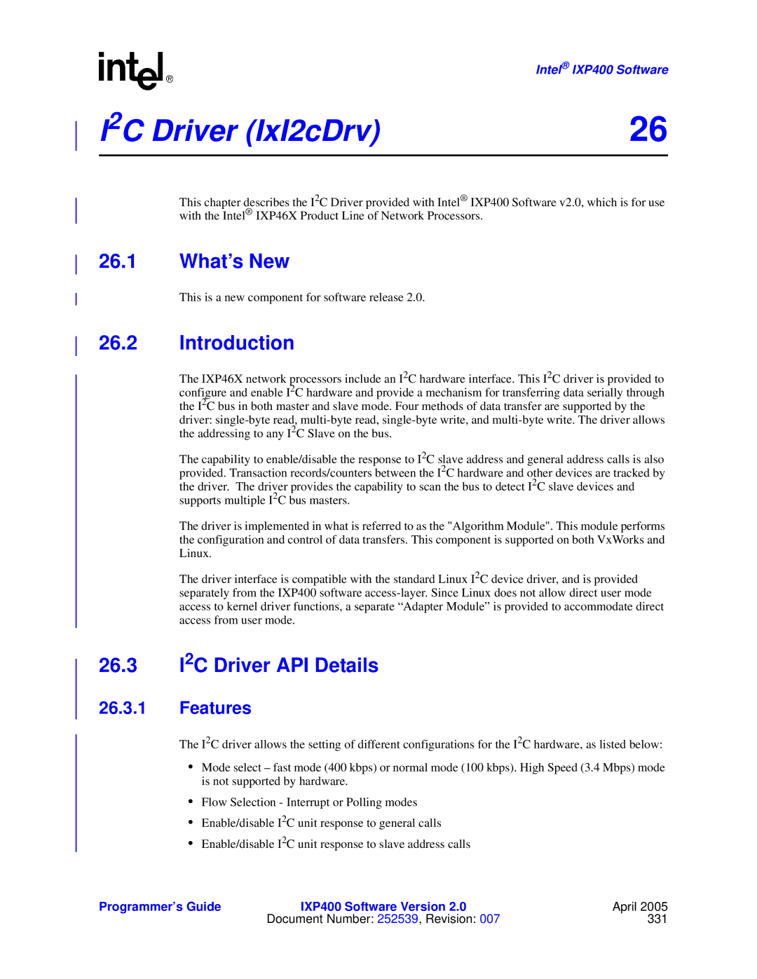 Intel IXP400 manual 2C Driver IxI2cDrv, 26.3 I2C Driver API Details 