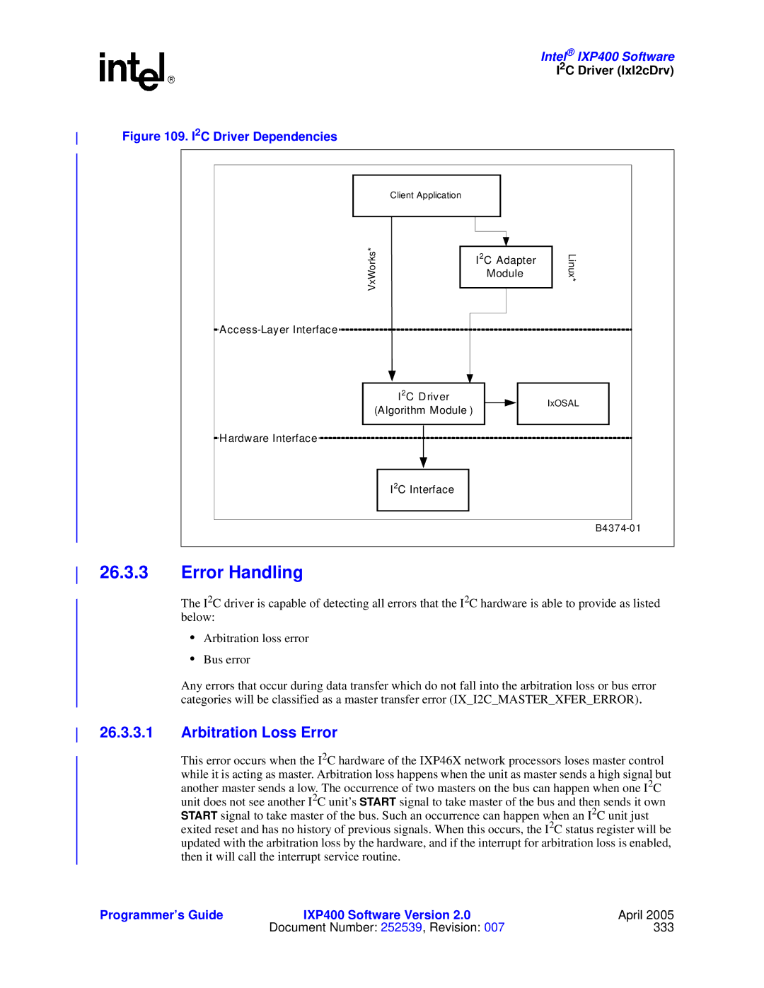 Intel IXP400 manual Arbitration Loss Error, 2C Driver IxI2cDrv 