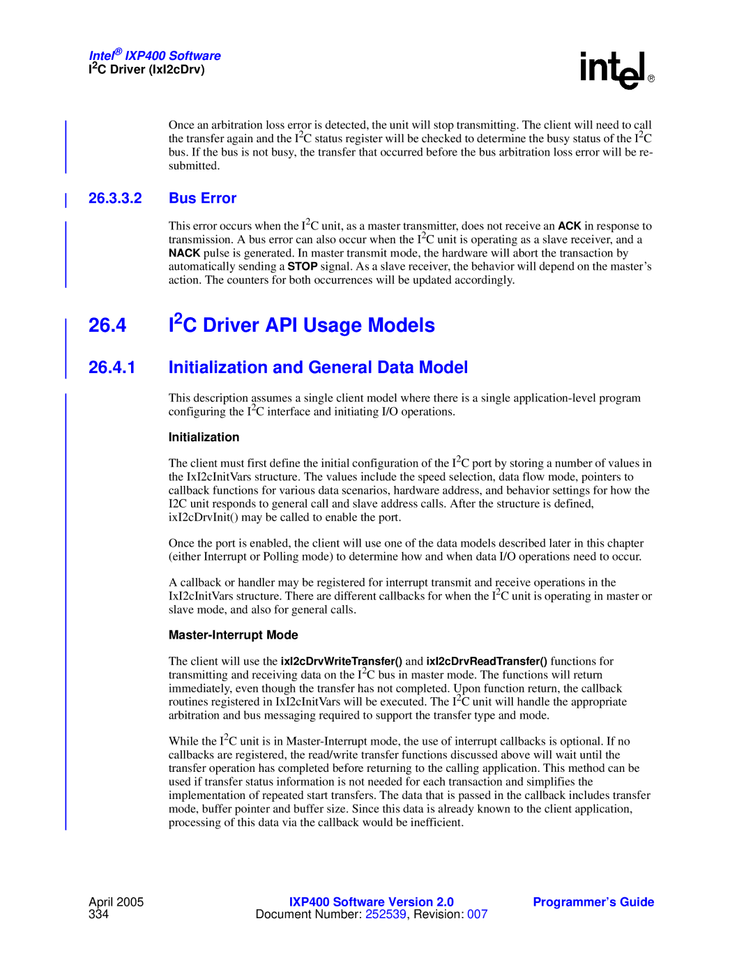 Intel IXP400 manual 26.4 I2C Driver API Usage Models, Bus Error, Initialization, Master-Interrupt Mode 