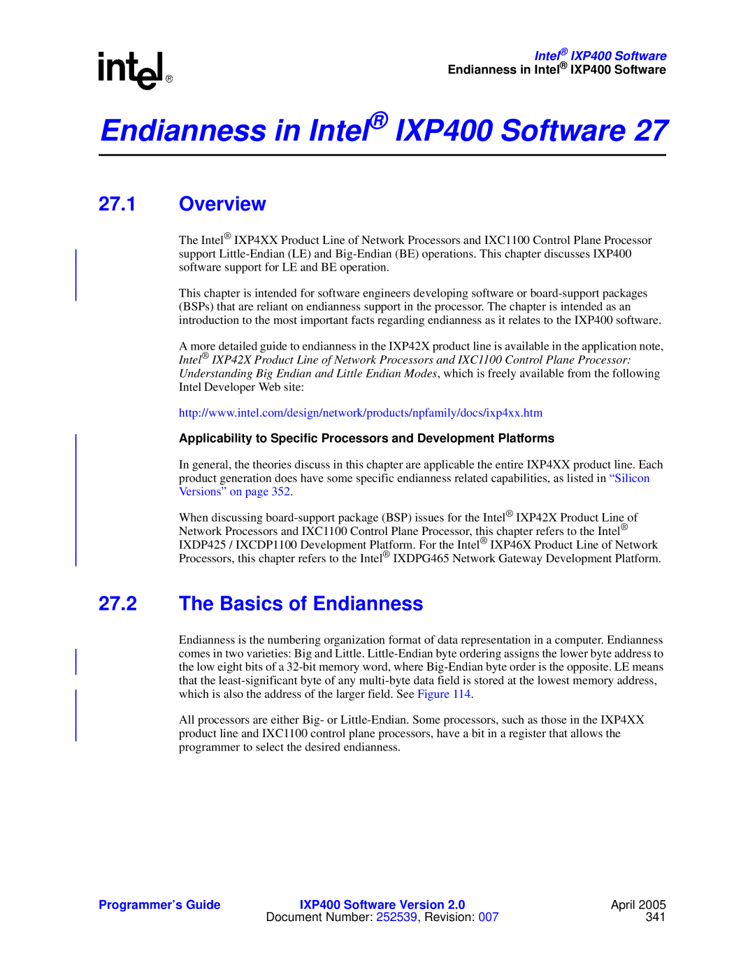 Intel manual Endianness in Intel IXP400 Software, Basics of Endianness 