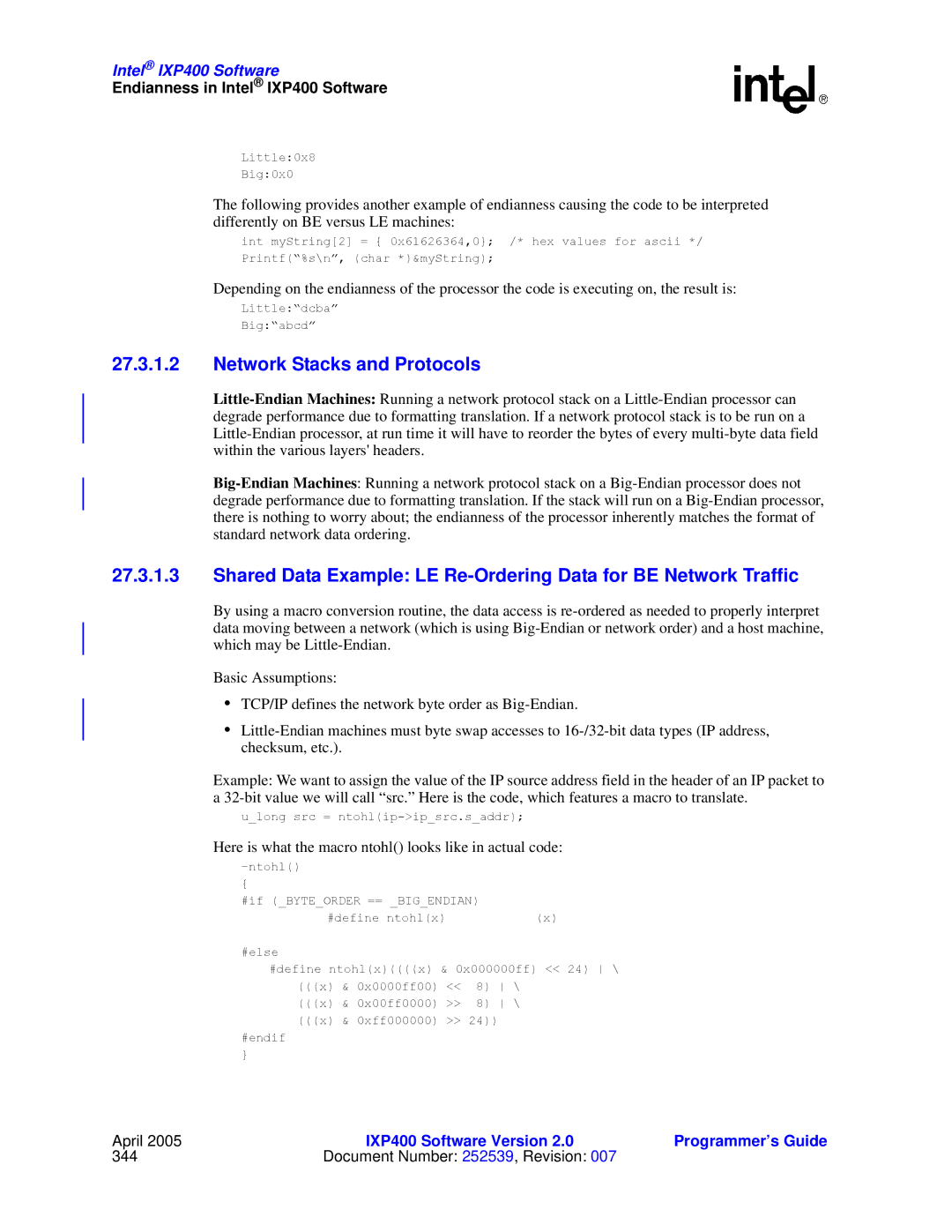 Intel IXP400 manual Network Stacks and Protocols, Here is what the macro ntohl looks like in actual code 