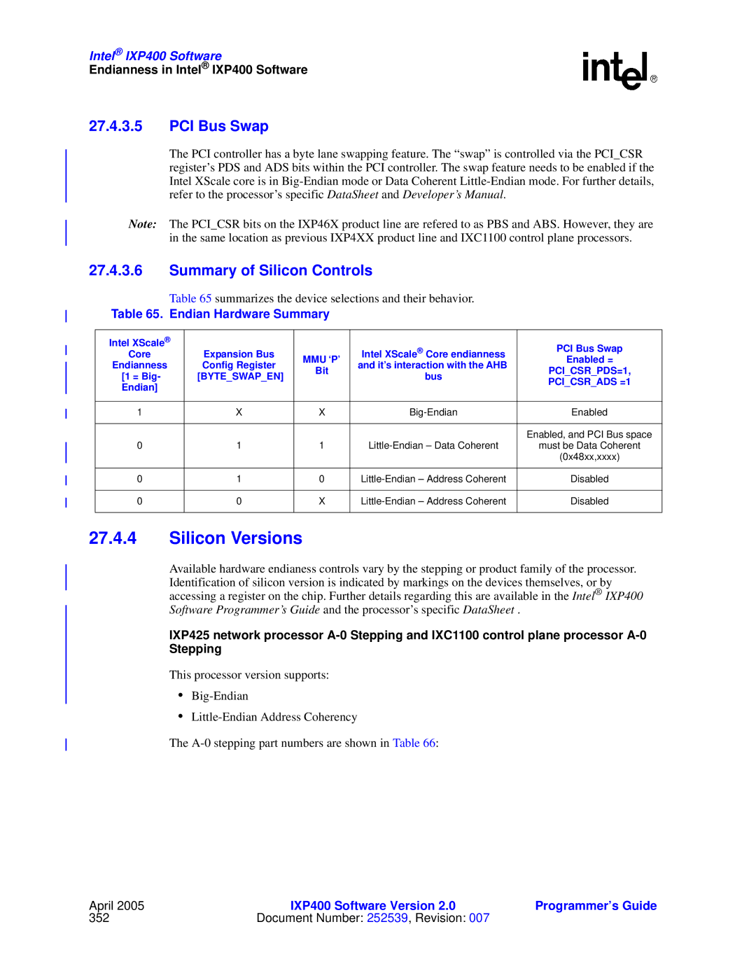 Intel IXP400 manual Silicon Versions, PCI Bus Swap, Summary of Silicon Controls, Endian Hardware Summary 