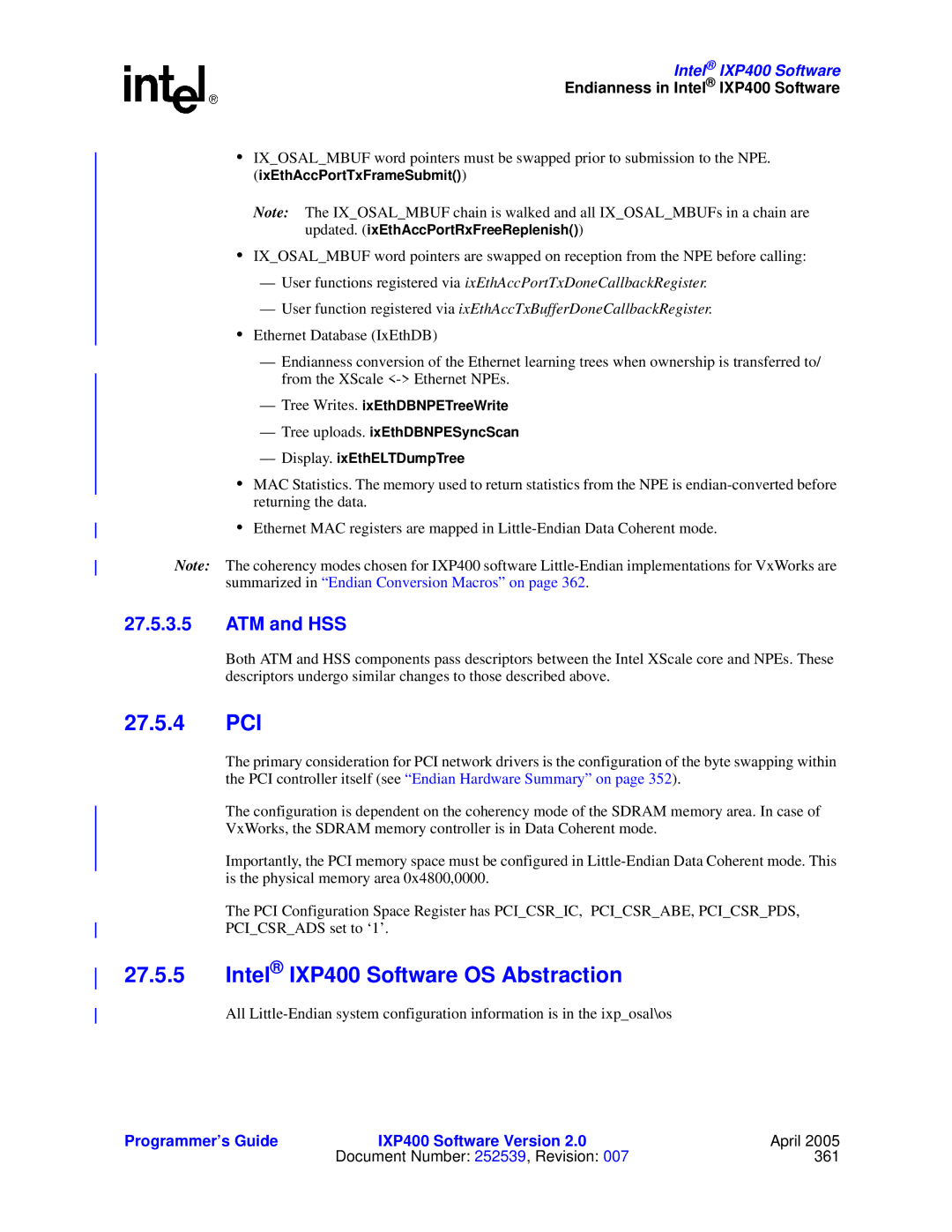 Intel manual 27.5.4 PCI, Intel IXP400 Software OS Abstraction, ATM and HSS 