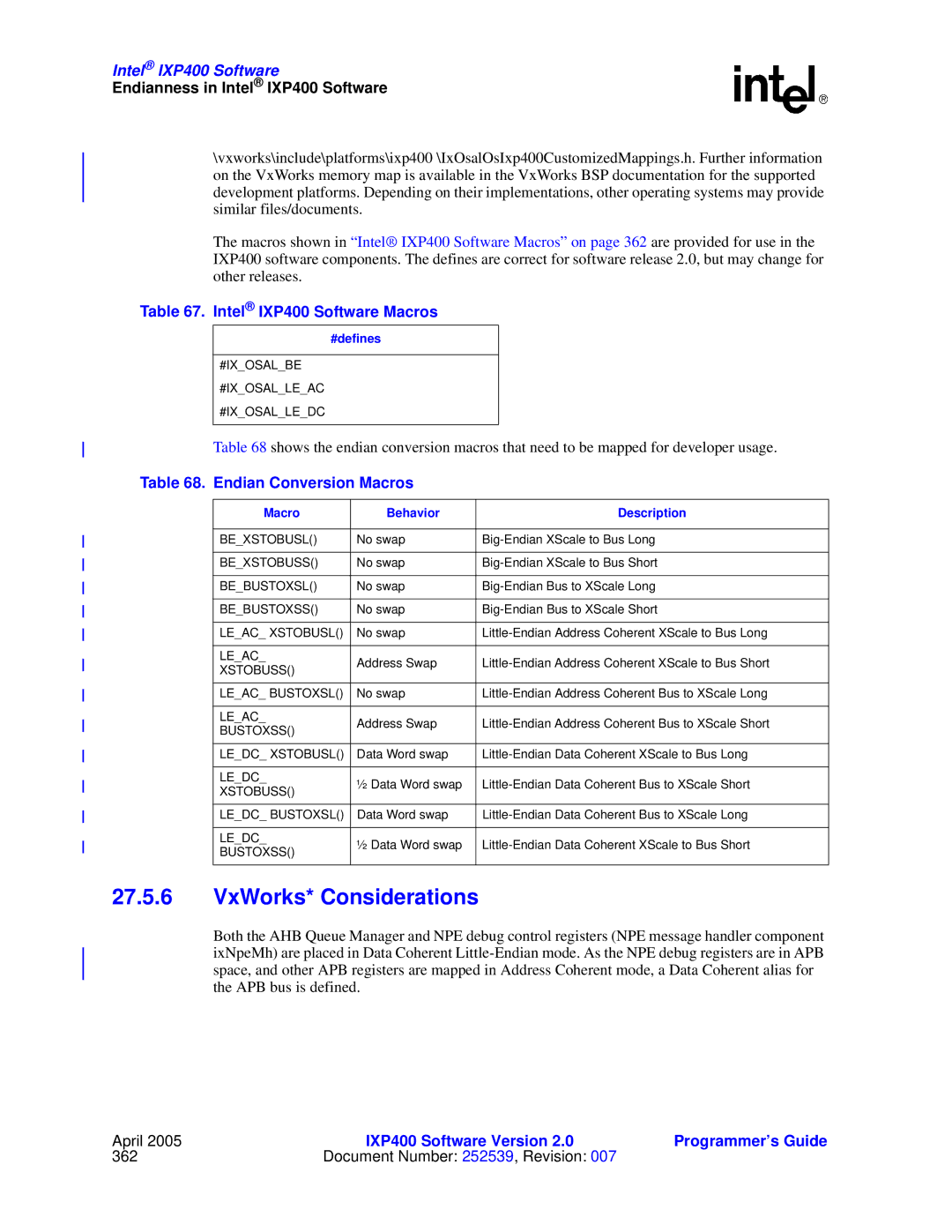 Intel manual VxWorks* Considerations, Intel IXP400 Software Macros, Endian Conversion Macros, #defines 