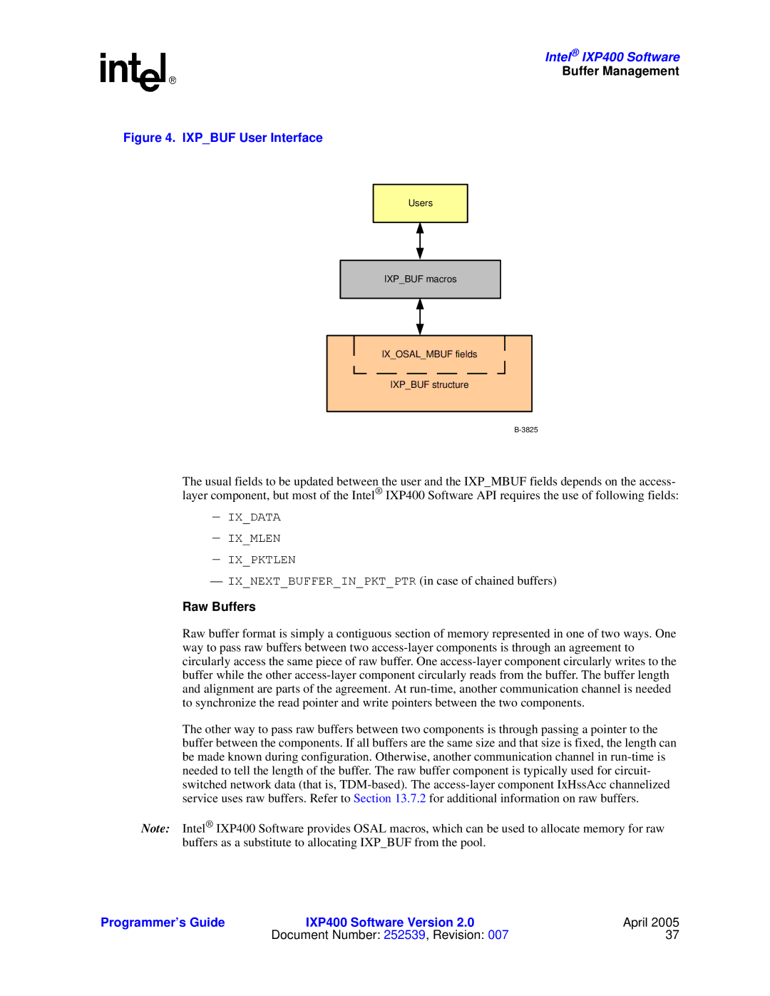 Intel IXP400 manual Ixpbuf User Interface, Raw Buffers 