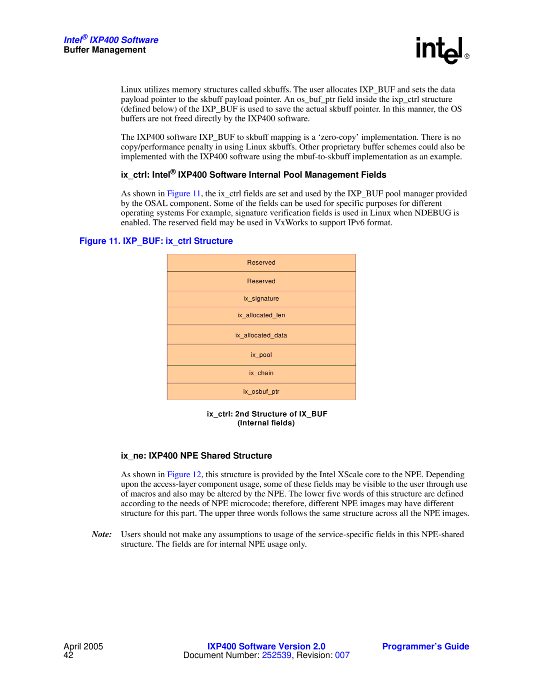 Intel manual Ixpbuf ixctrl Structure, Ixne IXP400 NPE Shared Structure 