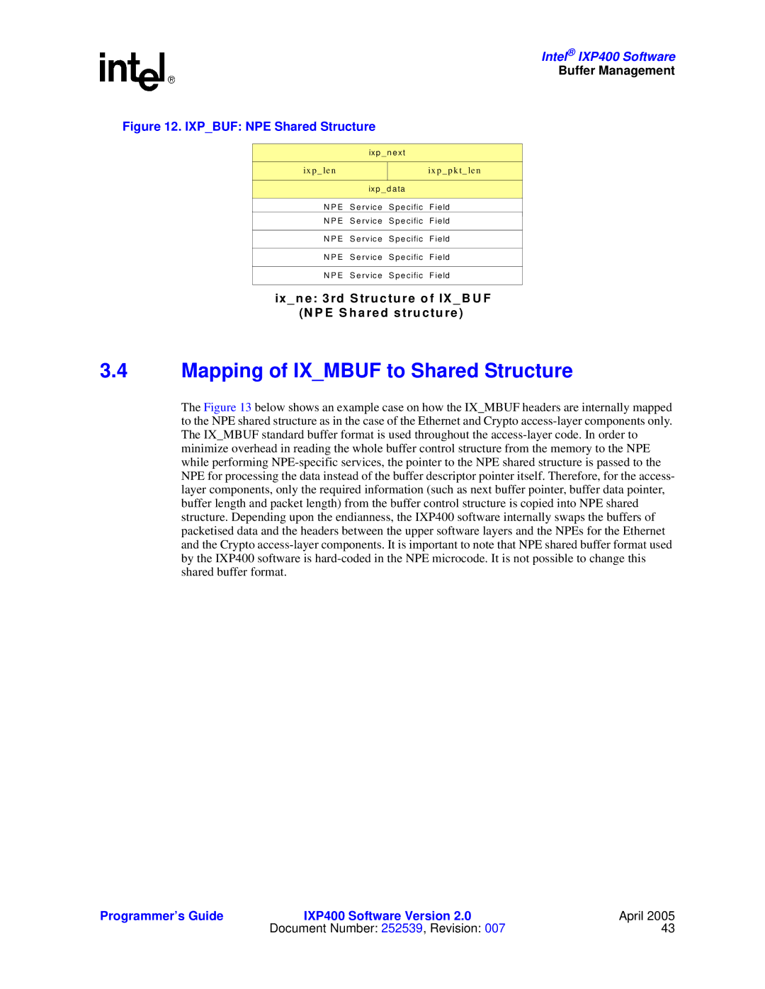 Intel IXP400 manual Mapping of Ixmbuf to Shared Structure, Ixpbuf NPE Shared Structure 