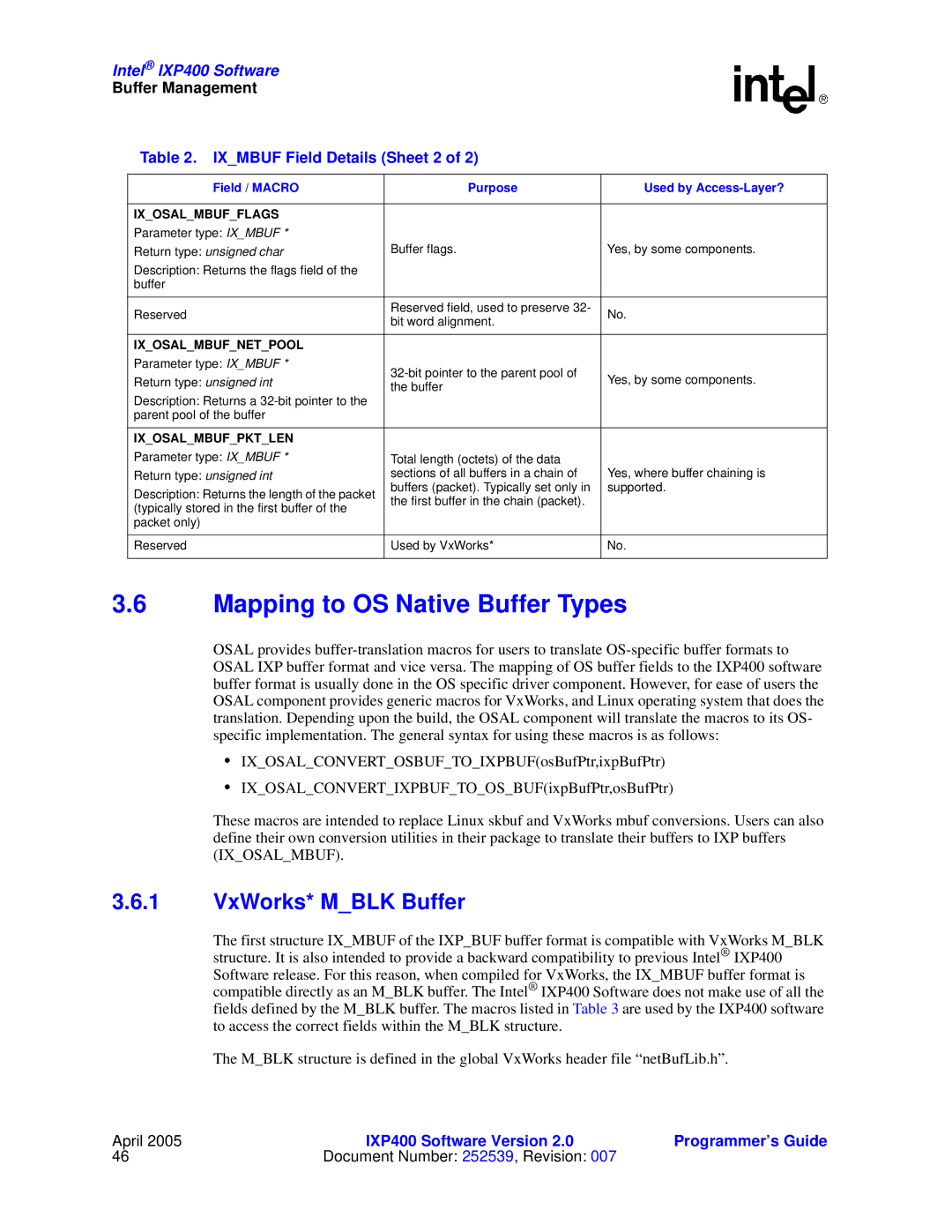 Intel IXP400 manual Mapping to OS Native Buffer Types, VxWorks* Mblk Buffer, Ixmbuf Field Details Sheet 2 