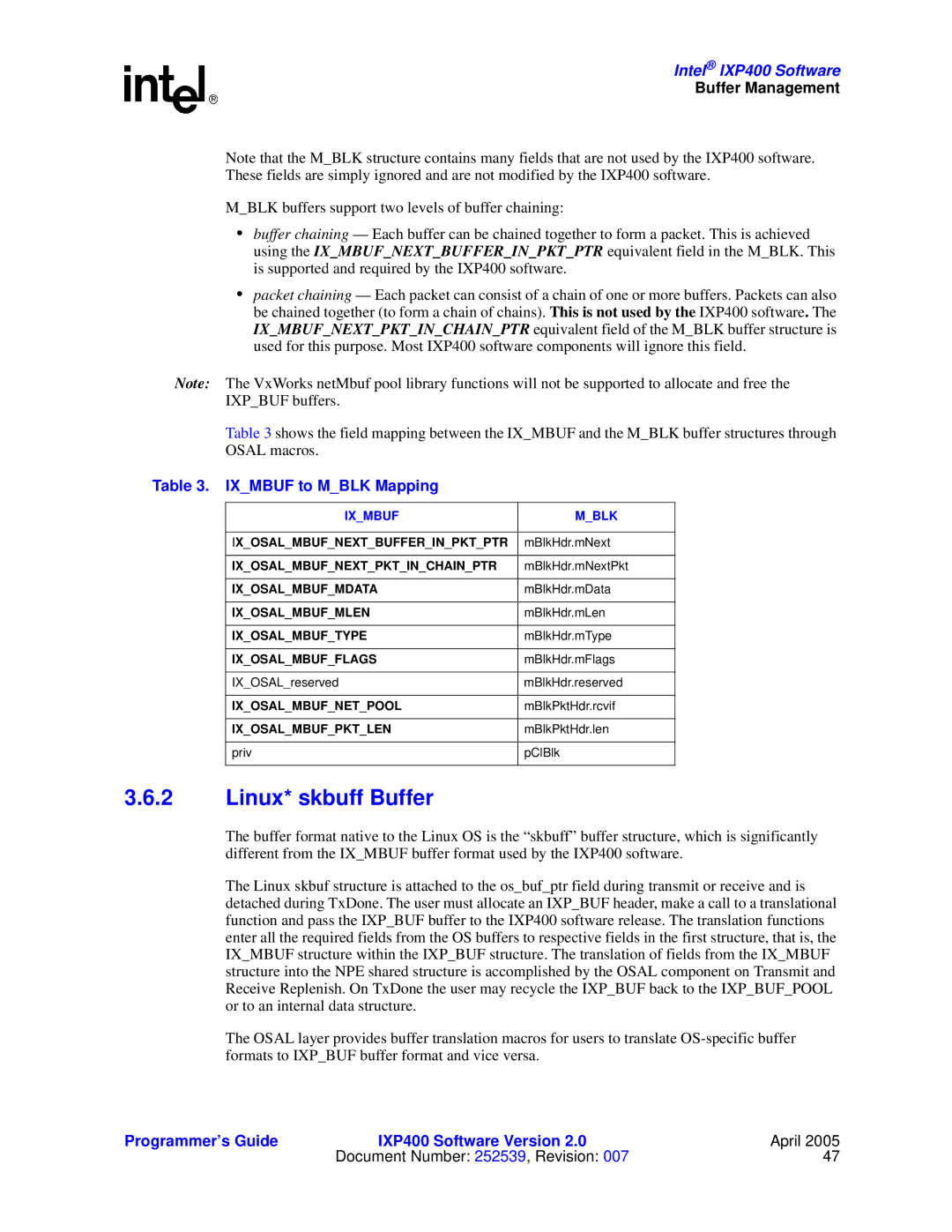 Intel IXP400 manual Linux* skbuff Buffer, Ixmbuf to Mblk Mapping 