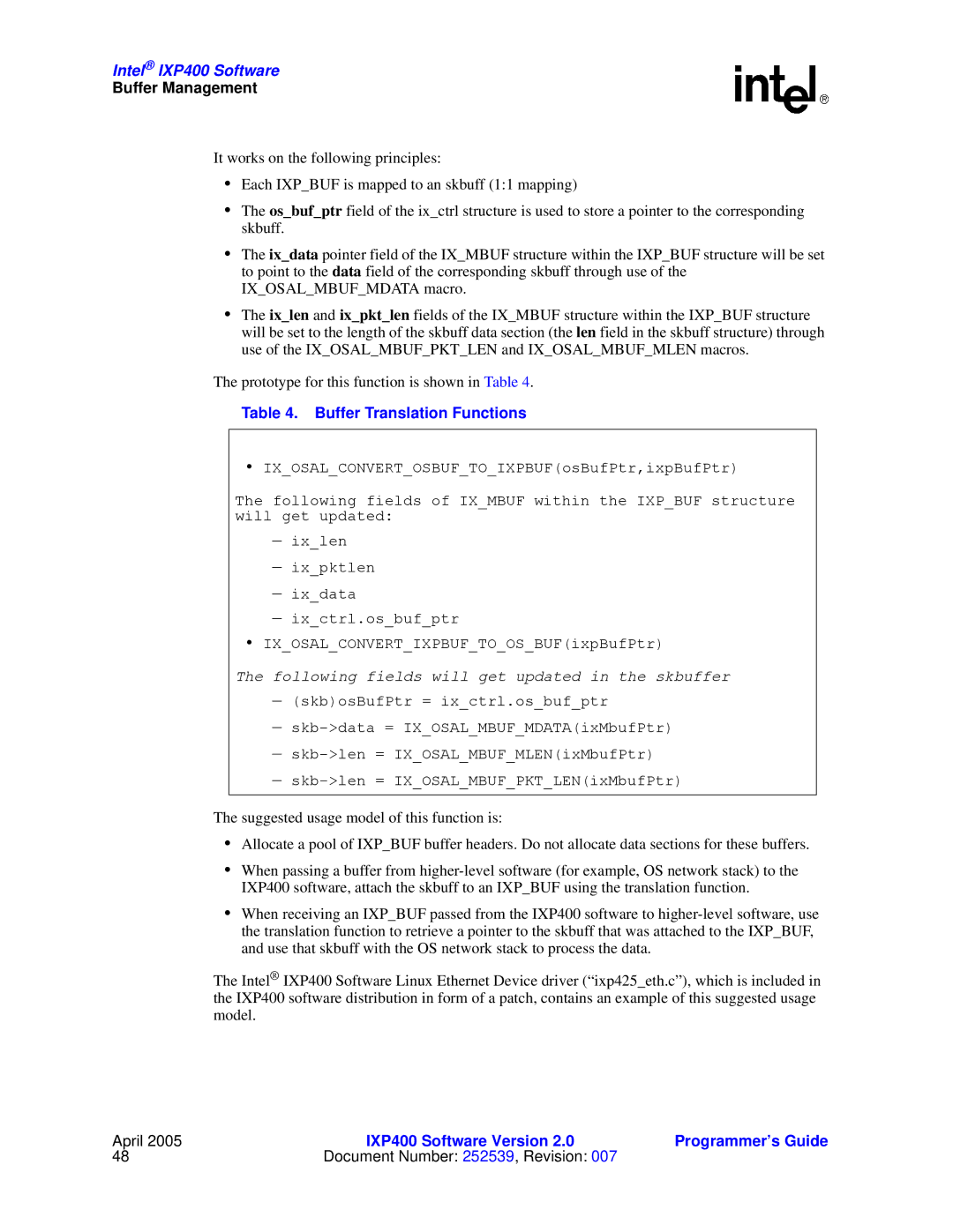 Intel IXP400 manual Buffer Translation Functions, Following fields will get updated in the skbuffer 