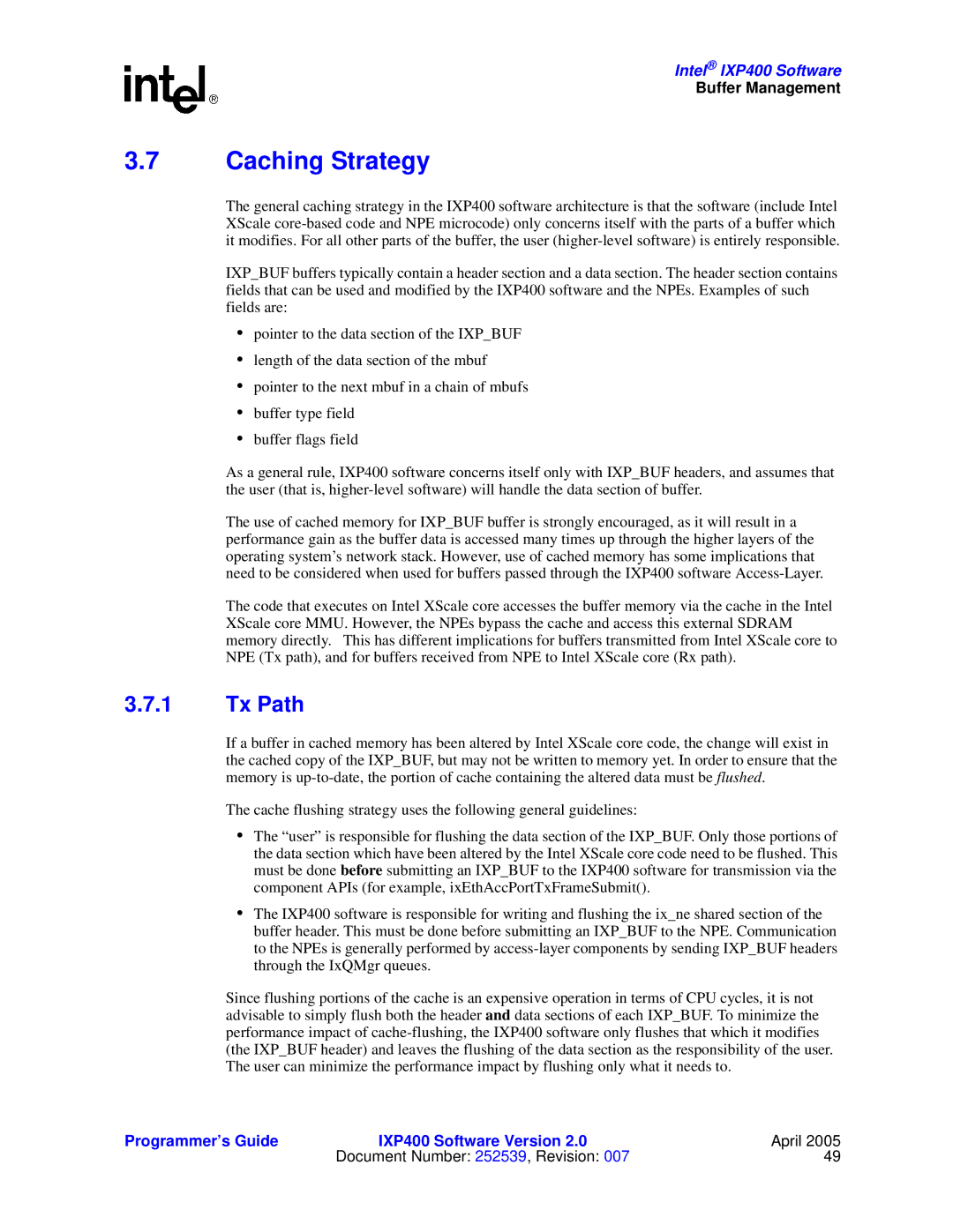 Intel IXP400 manual Caching Strategy, Tx Path 