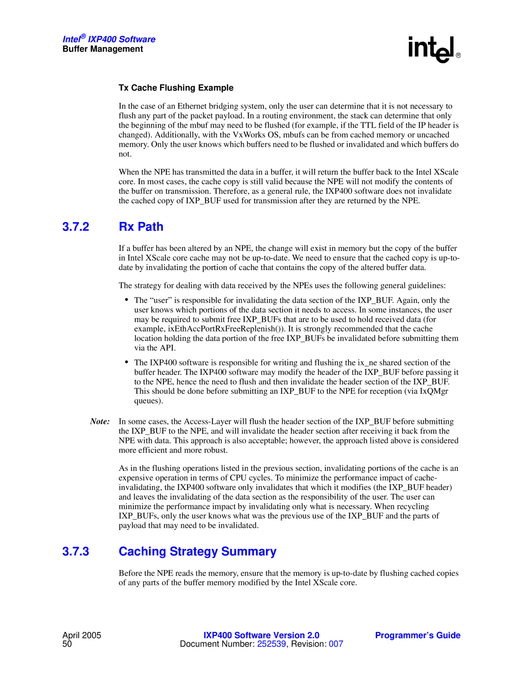 Intel IXP400 manual Rx Path, Caching Strategy Summary, Buffer Management Tx Cache Flushing Example 