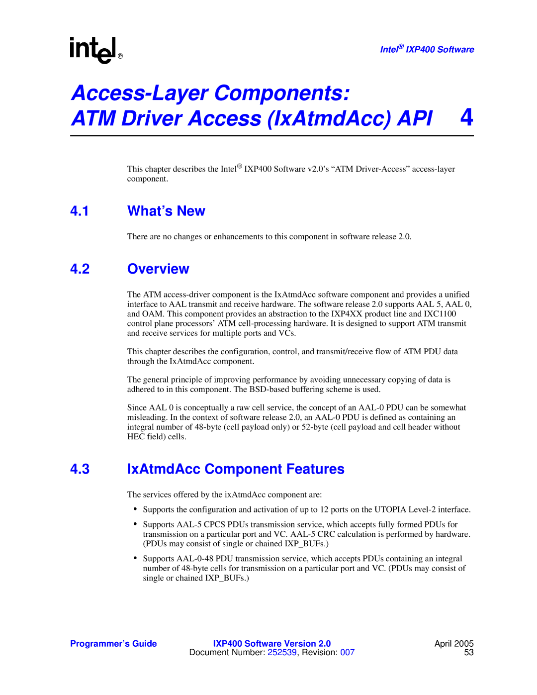 Intel IXP400 manual Access-Layer Components ATM Driver Access IxAtmdAcc API, IxAtmdAcc Component Features 