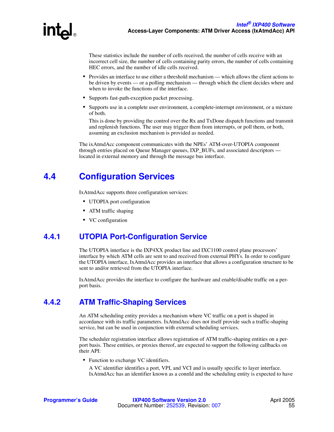 Intel IXP400 manual Configuration Services, Utopia Port-Configuration Service, ATM Traffic-Shaping Services 