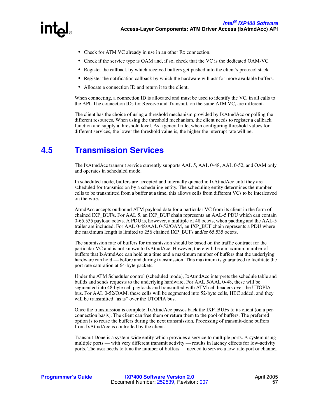 Intel IXP400 manual Transmission Services 