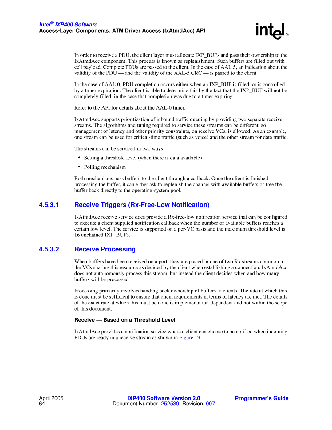 Intel IXP400 manual Receive Triggers Rx-Free-Low Notification, Receive Processing, Receive Based on a Threshold Level 