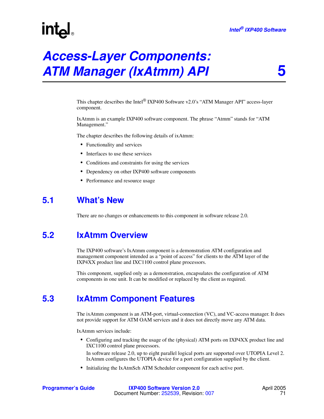 Intel IXP400 manual Access-Layer Components ATM Manager IxAtmm API, IxAtmm Overview, IxAtmm Component Features 