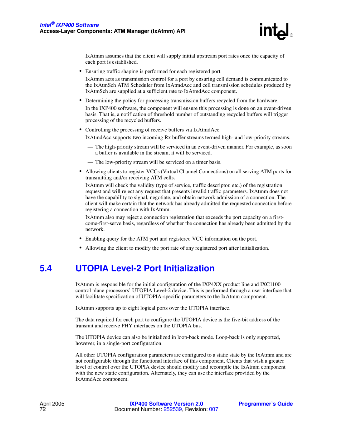 Intel IXP400 manual Utopia Level-2 Port Initialization, Access-Layer Components ATM Manager IxAtmm API 