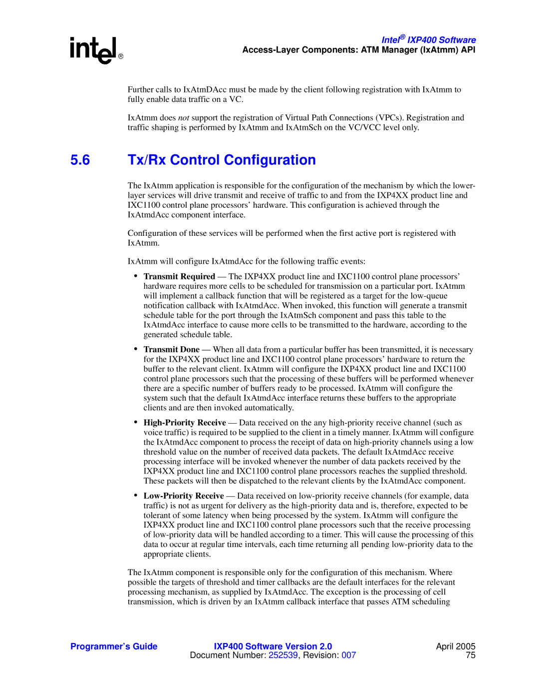 Intel IXP400 manual Tx/Rx Control Configuration 