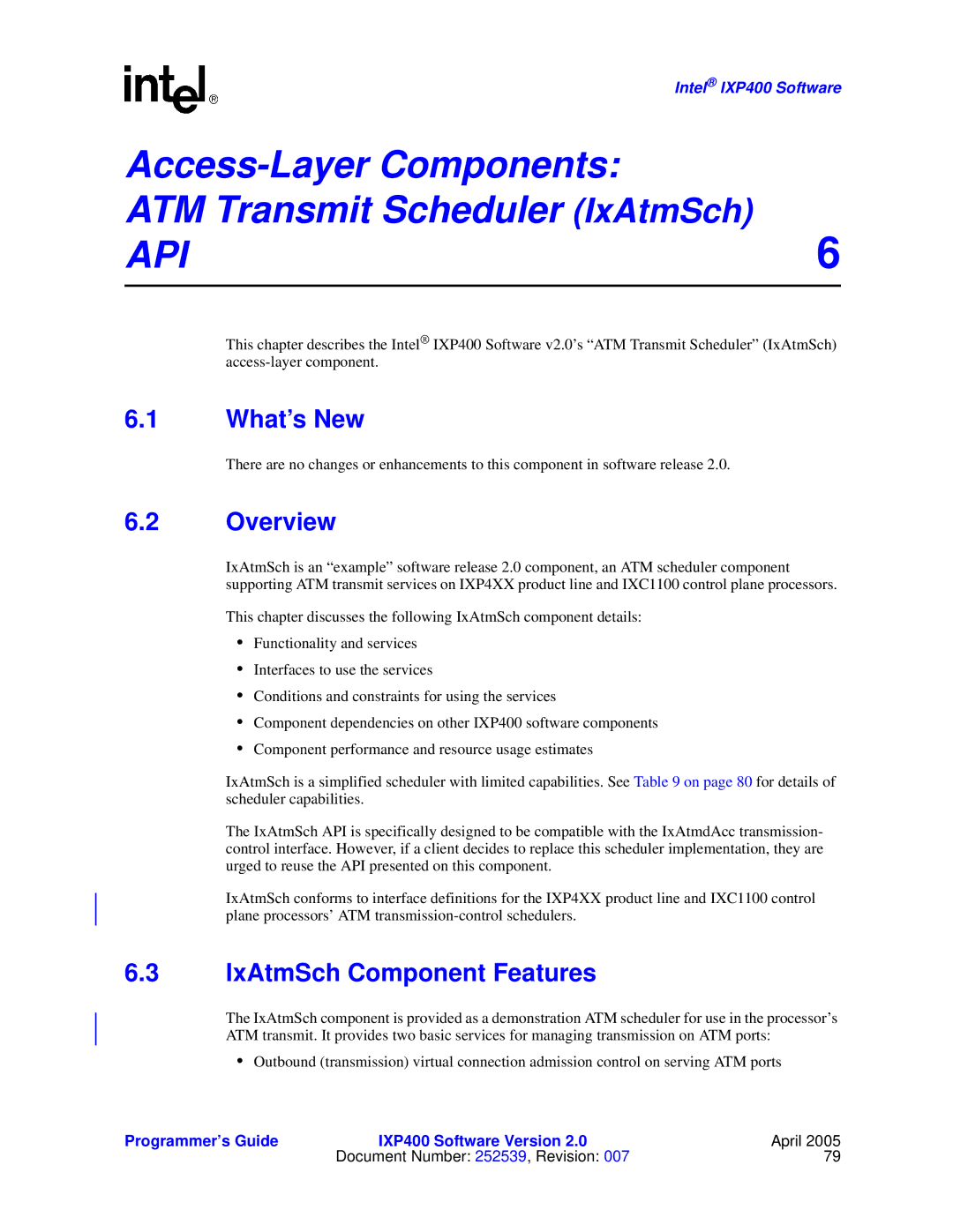 Intel IXP400 manual Access-Layer Components ATM Transmit Scheduler IxAtmSch, IxAtmSch Component Features 