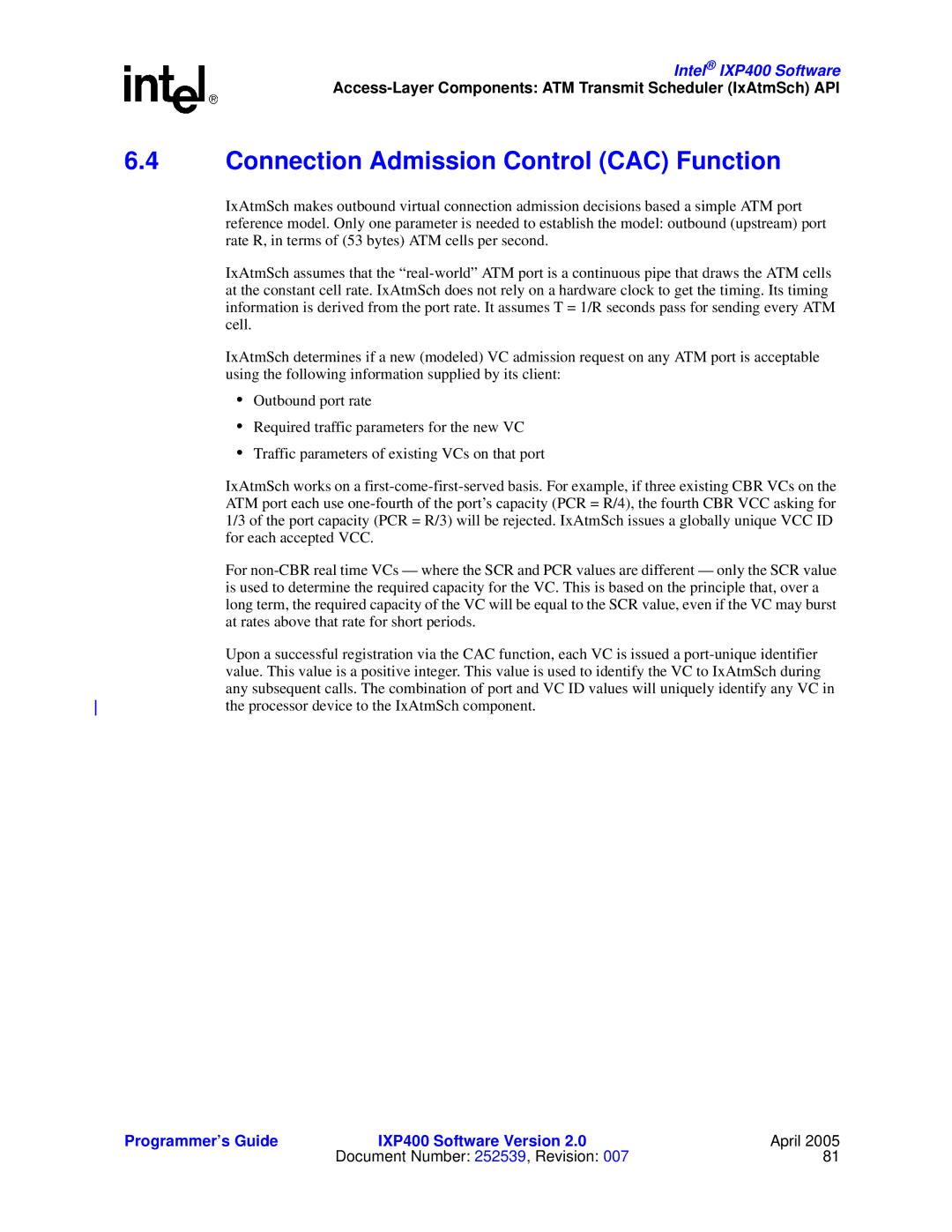 Intel IXP400 manual Connection Admission Control CAC Function 