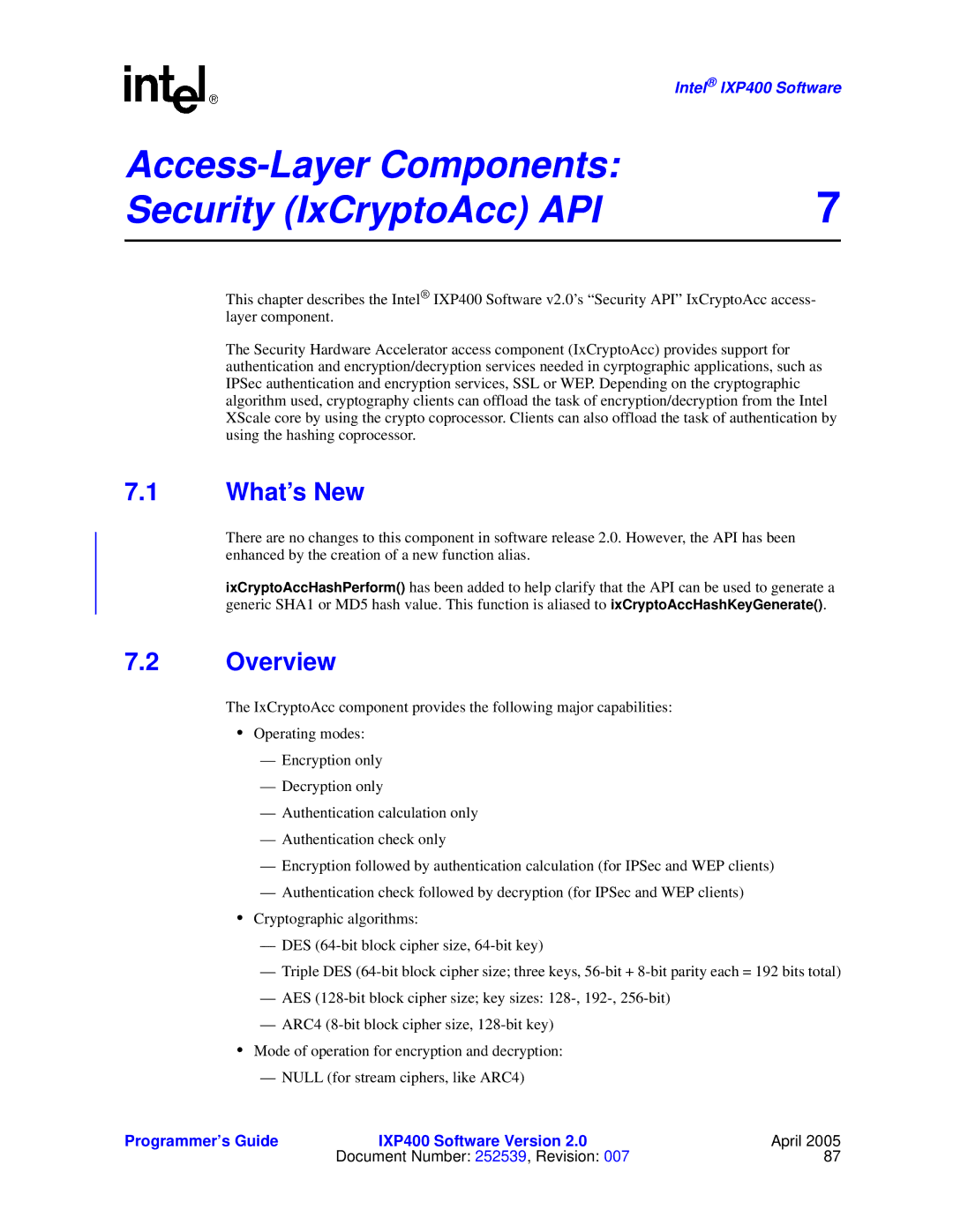 Intel IXP400 manual Access-Layer Components Security IxCryptoAcc API, What’s New 