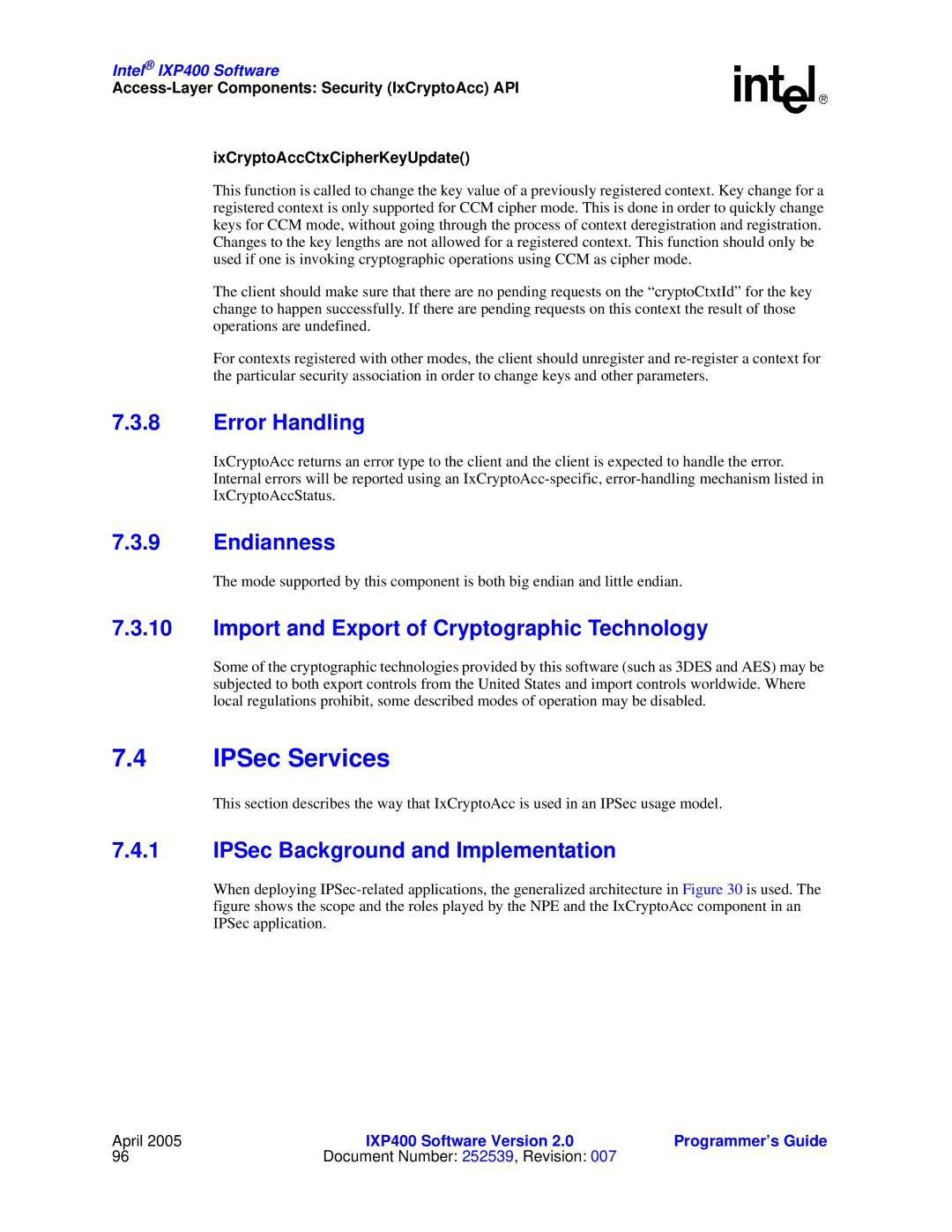 Intel IXP400 manual IPSec Services, Endianness, Import and Export of Cryptographic Technology 