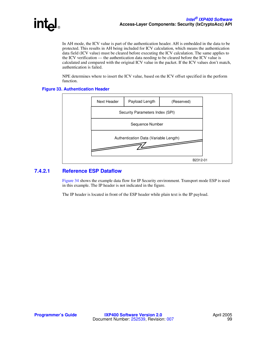 Intel IXP400 manual Reference ESP Dataflow, Authentication Header 