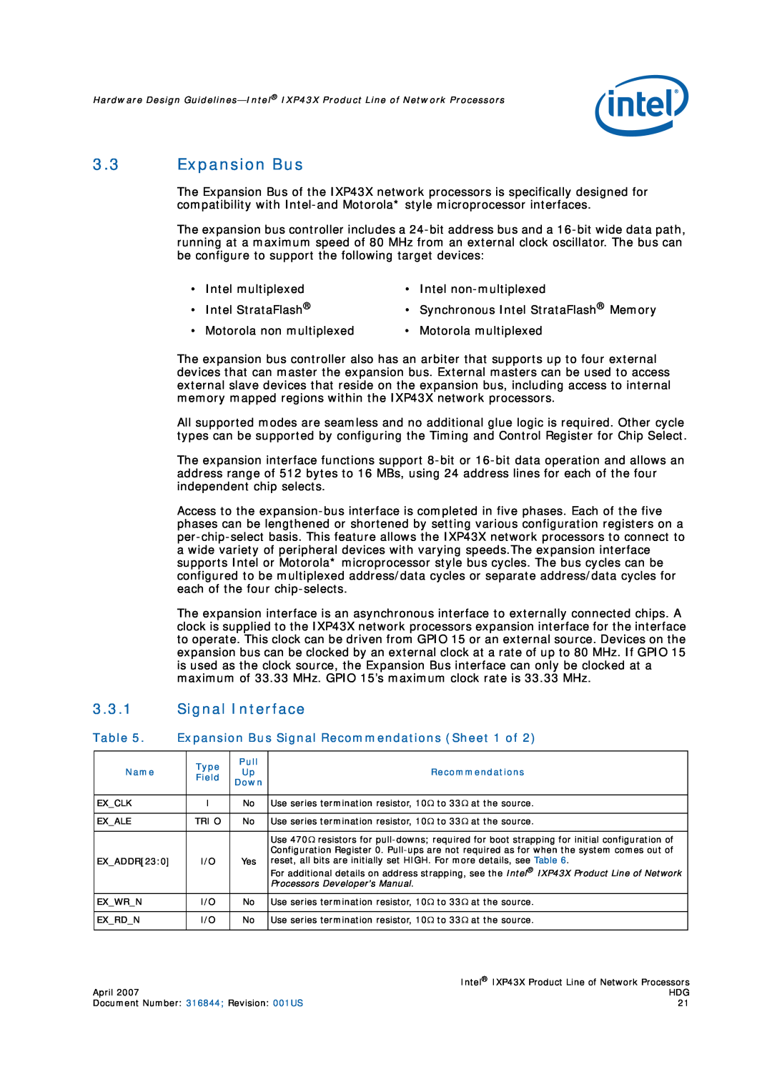 Intel IXP43X manual Signal Interface, Expansion Bus Signal Recommendations Sheet 1 of 