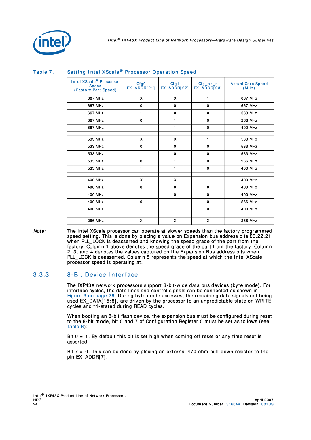Intel IXP43X manual 3.3.3 8-Bit Device Interface, Setting Intel XScale Processor Operation Speed 
